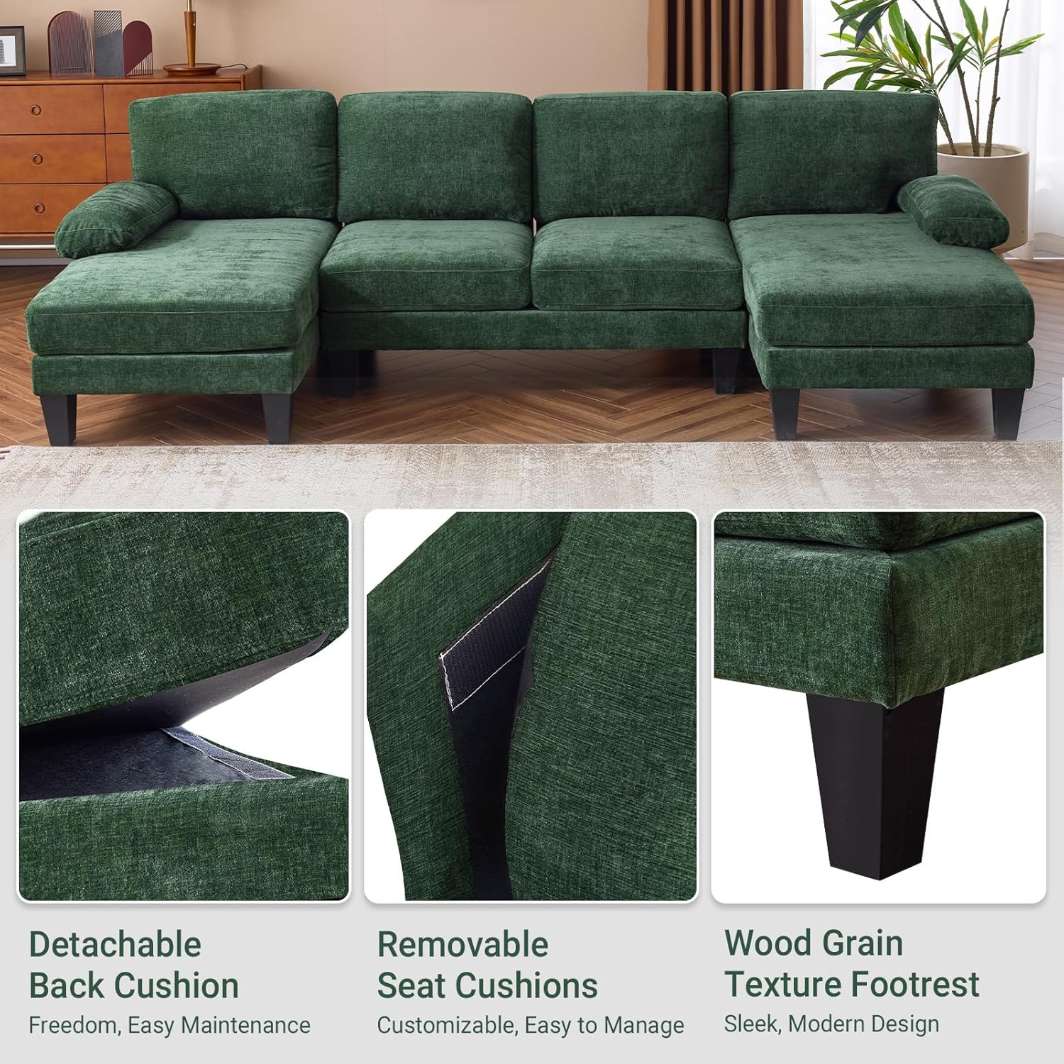 VINGLI 110 Sectional Couch U Shaped Sofa Set with Double Chaise Chenille Fabric