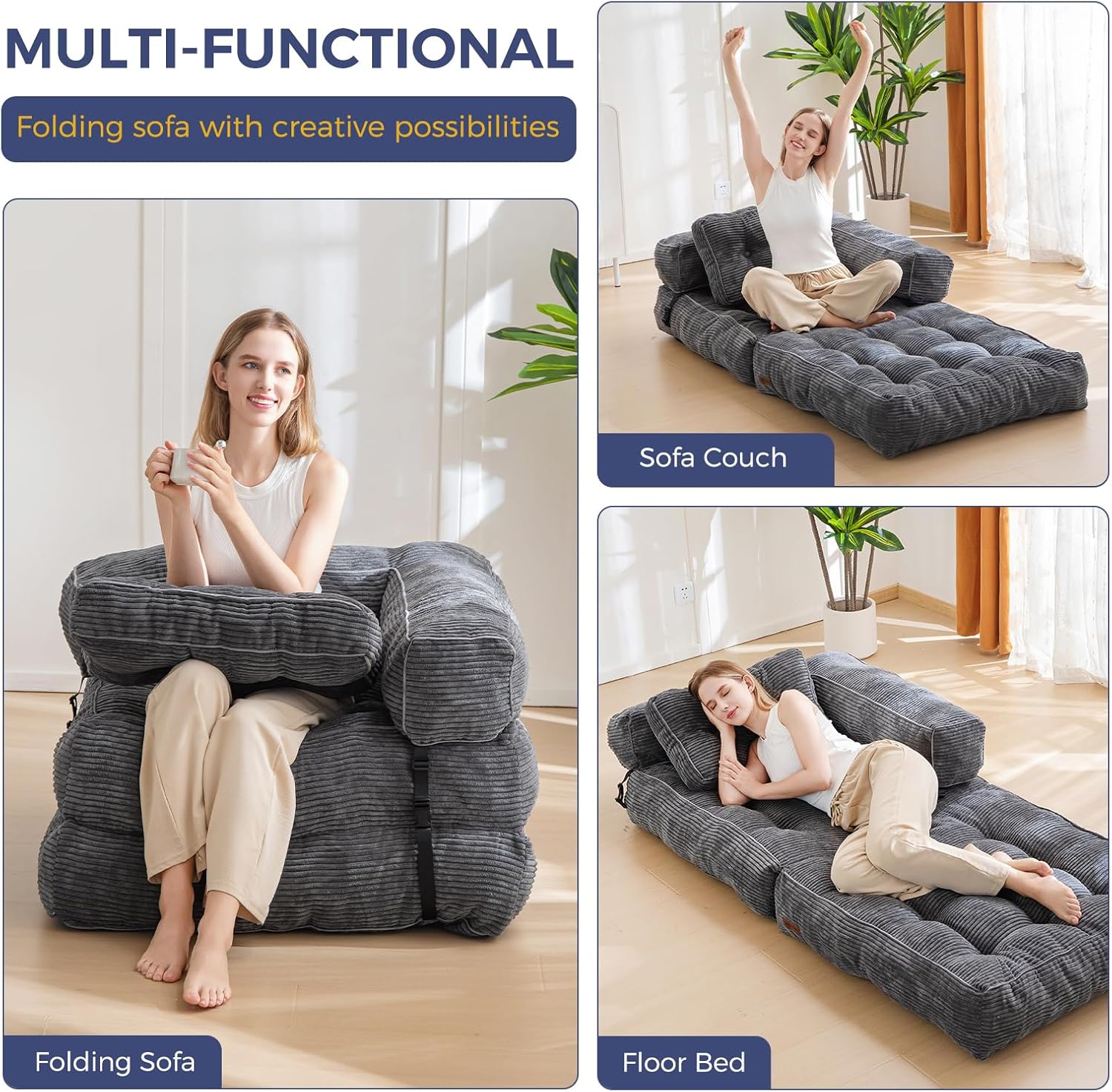 MAXYOYO L Shaped Folding Sofa Bed Convertible Sleeper with Pillow Armrest