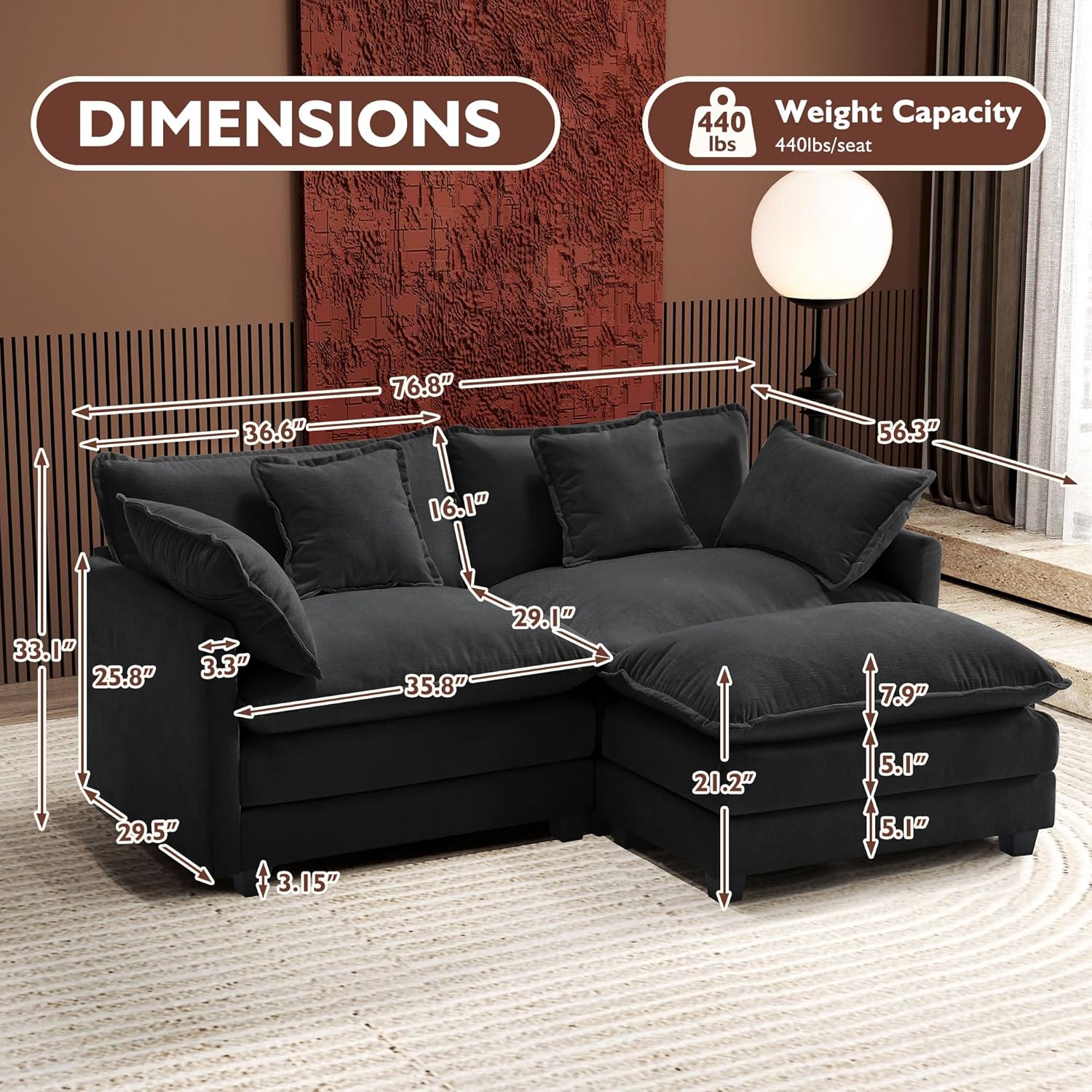 Ihanherry U Shaped Modular Cloud Sofa 5 Seat Chenille Sectional with Ottoman