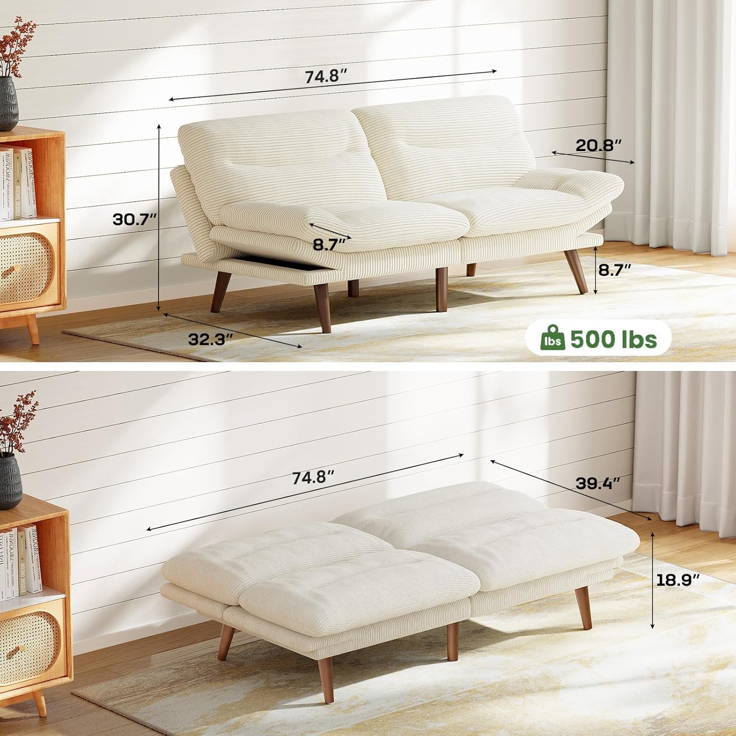 Marsail Futon Sofa Bed Convertible Corduroy Loveseat with Adjustable Backrest