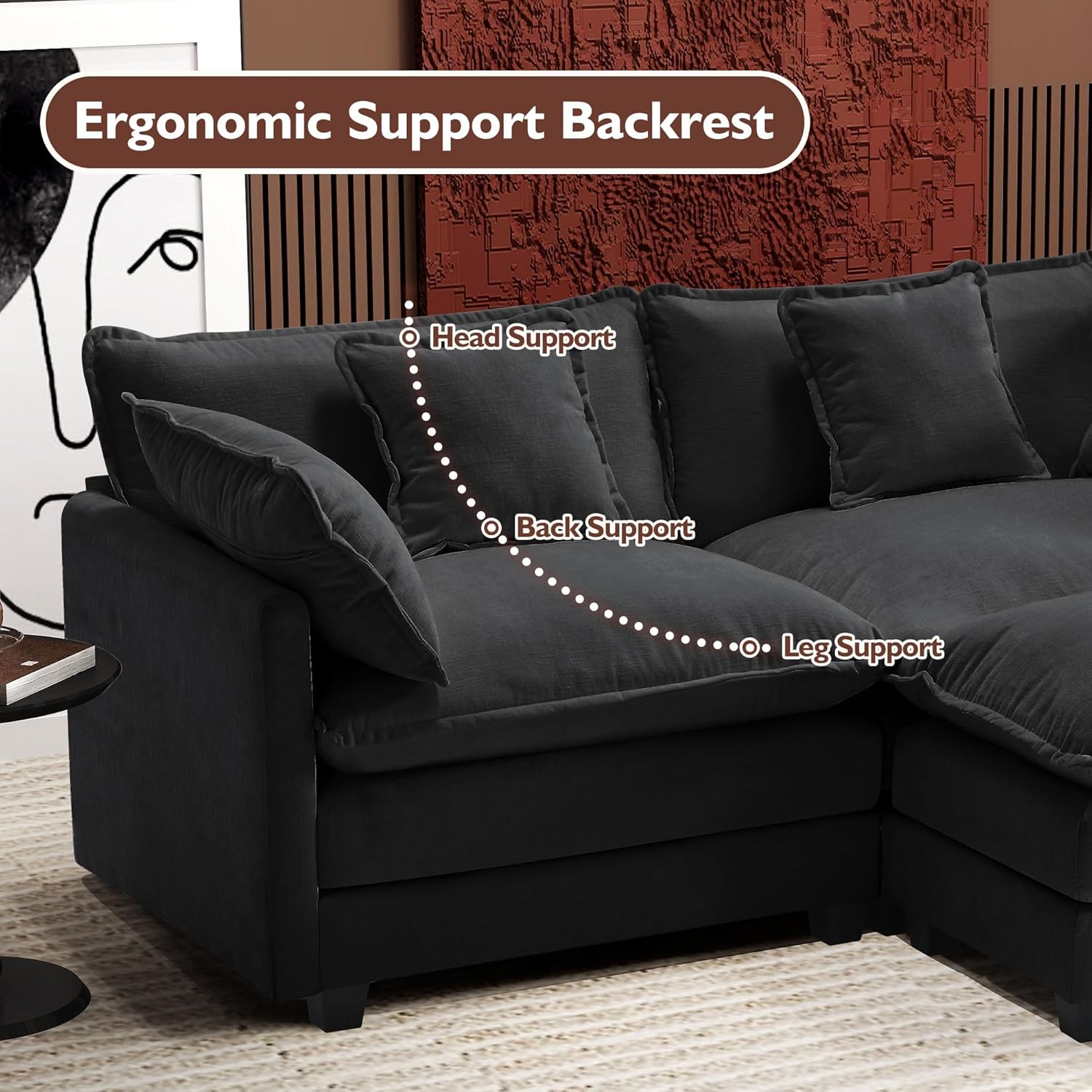 Ihanherry U Shaped Modular Cloud Sofa 5 Seat Chenille Sectional with Ottoman