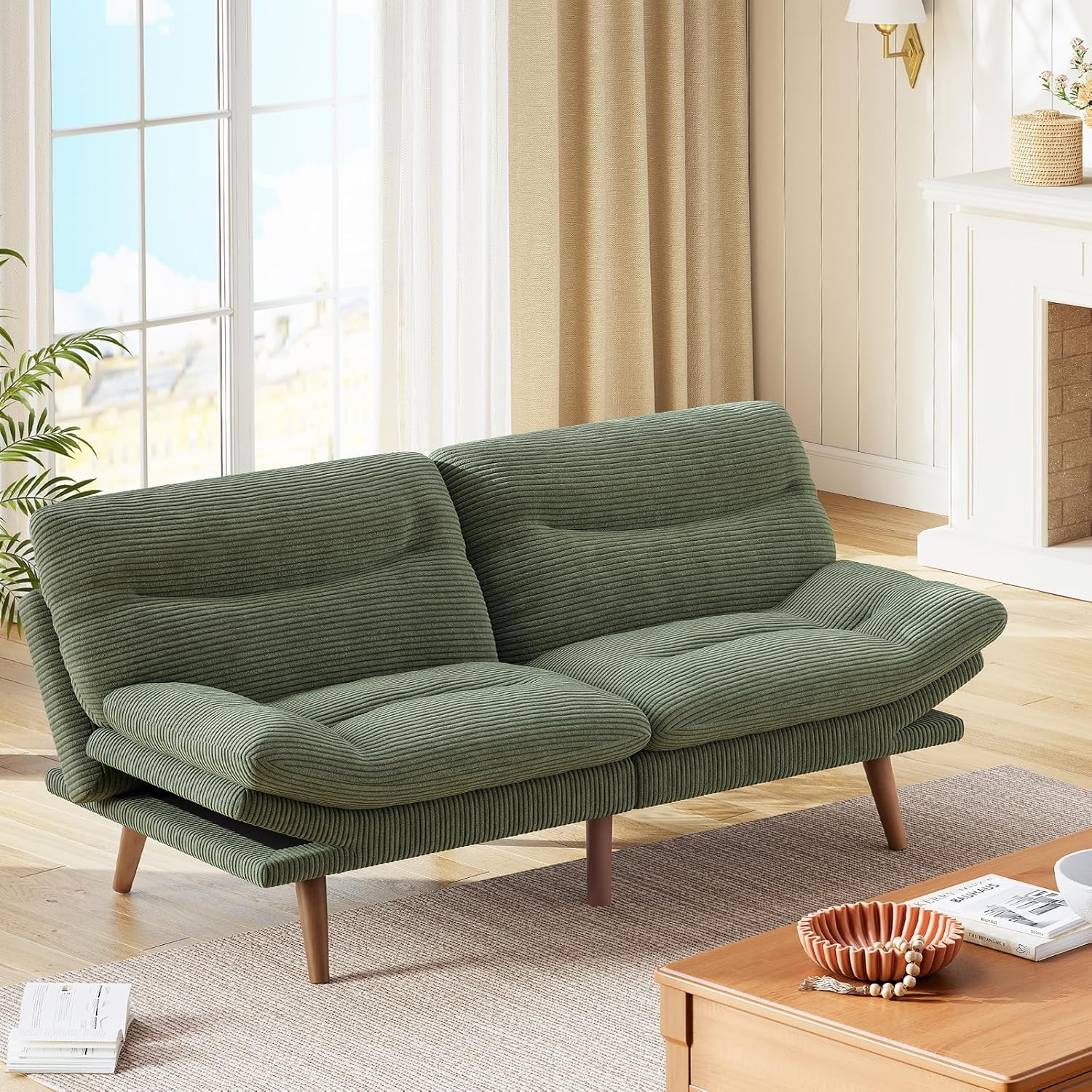 Marsail Futon Sofa Bed Convertible Corduroy Loveseat with Adjustable Backrest