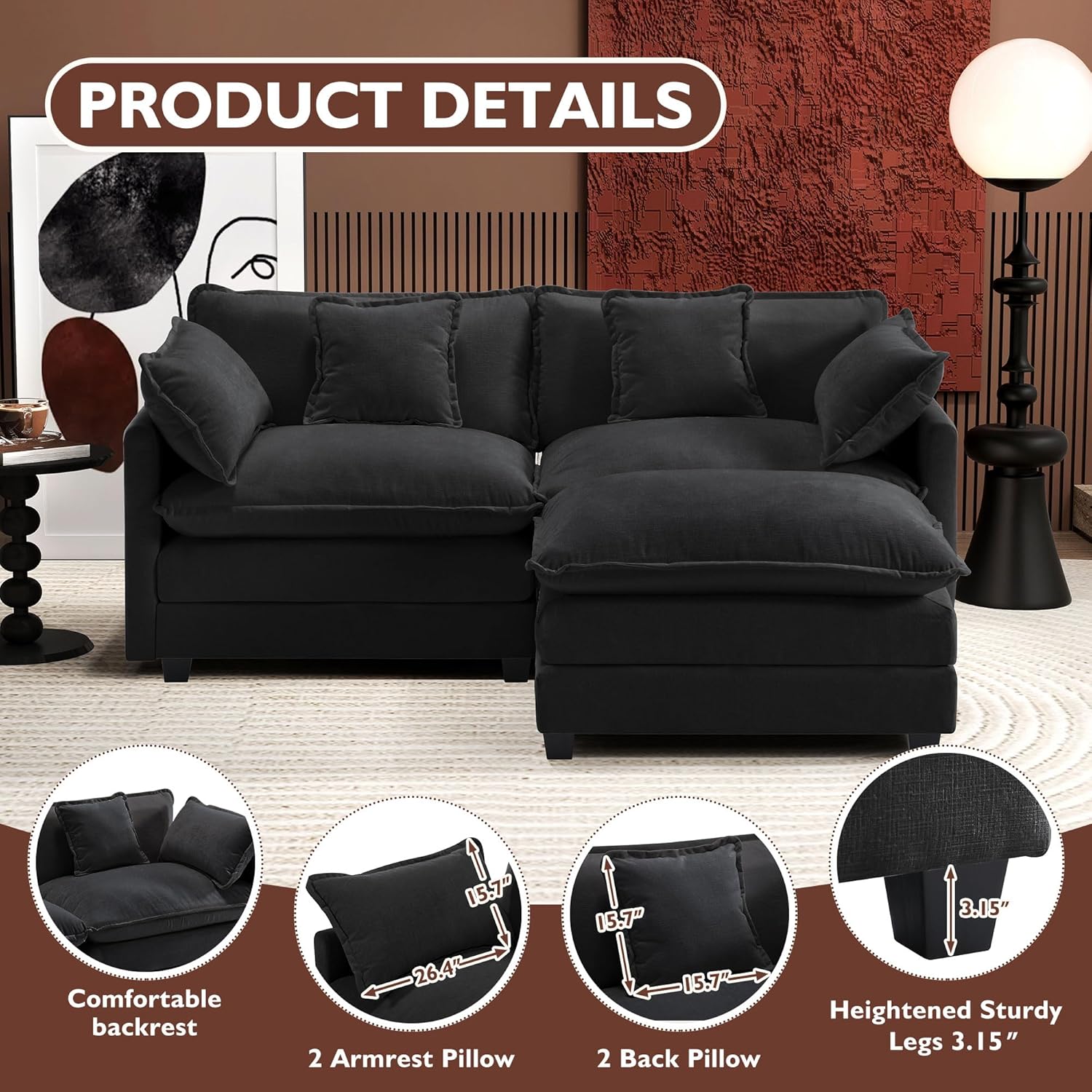 Ihanherry U Shaped Modular Cloud Sofa 5 Seat Chenille Sectional with Ottoman