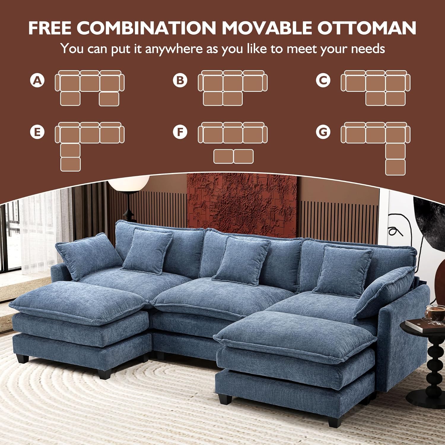 Ihanherry U Shaped Modular Cloud Sofa 5 Seat Chenille Sectional with Ottoman
