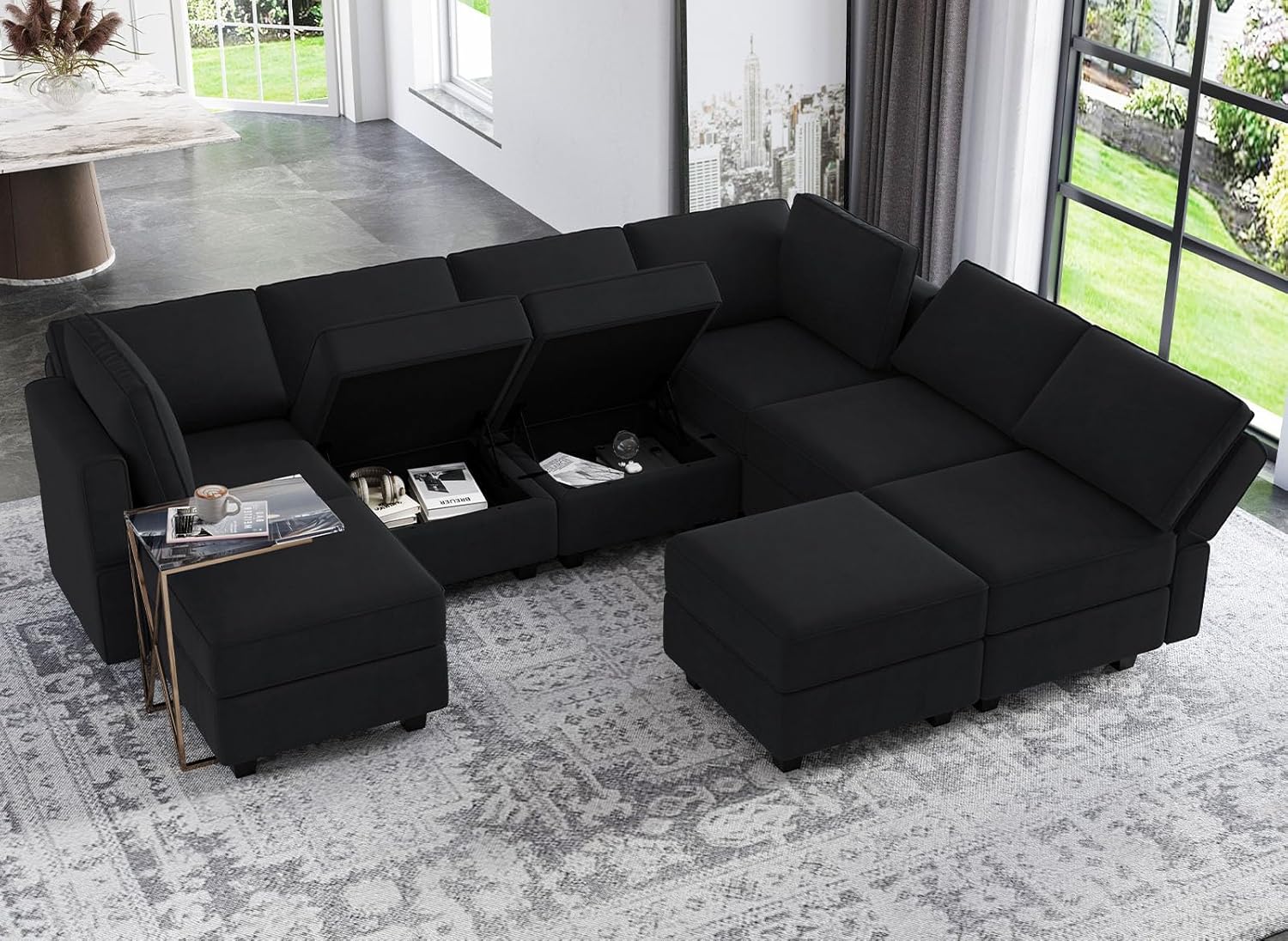 Belffin Reversible Modular Sectional Sofa with Ottomans Velvet Sleeper Chaise Bed Storage Seat Black