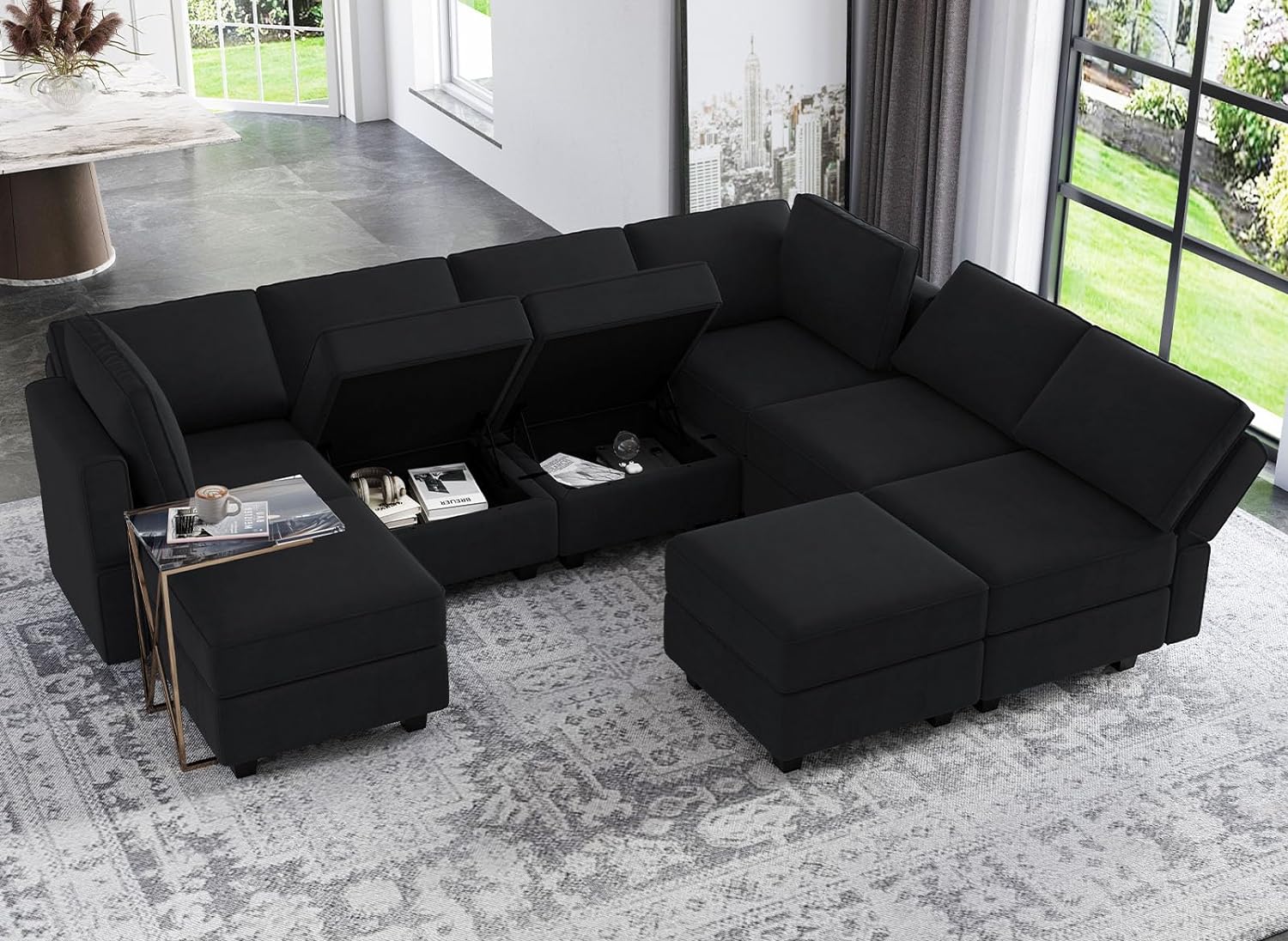 Belffin Velvet Modular Sectional Sofa with Ottoman Sleeper Bed Storage