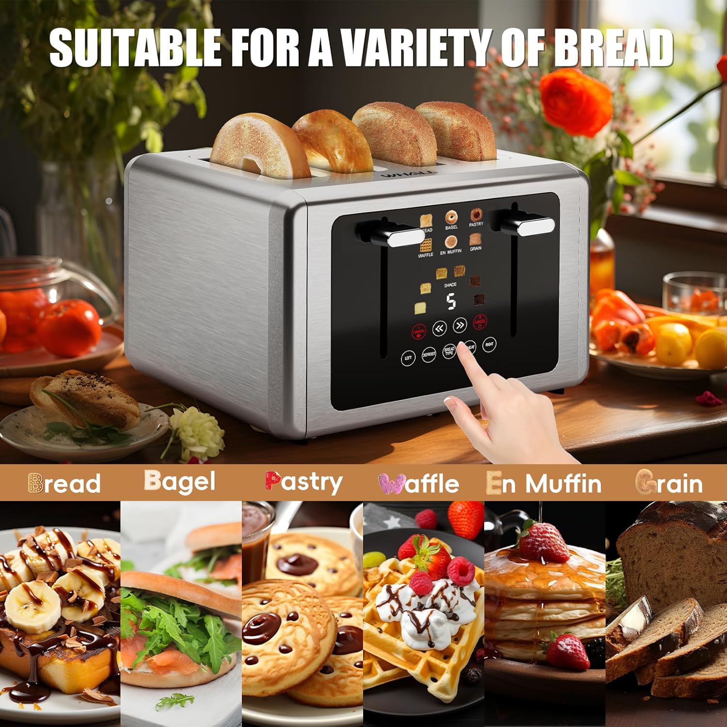 whall Digital Touch Screen Toaster 4 Slice Stainless Steel Dual Control Wide Slots