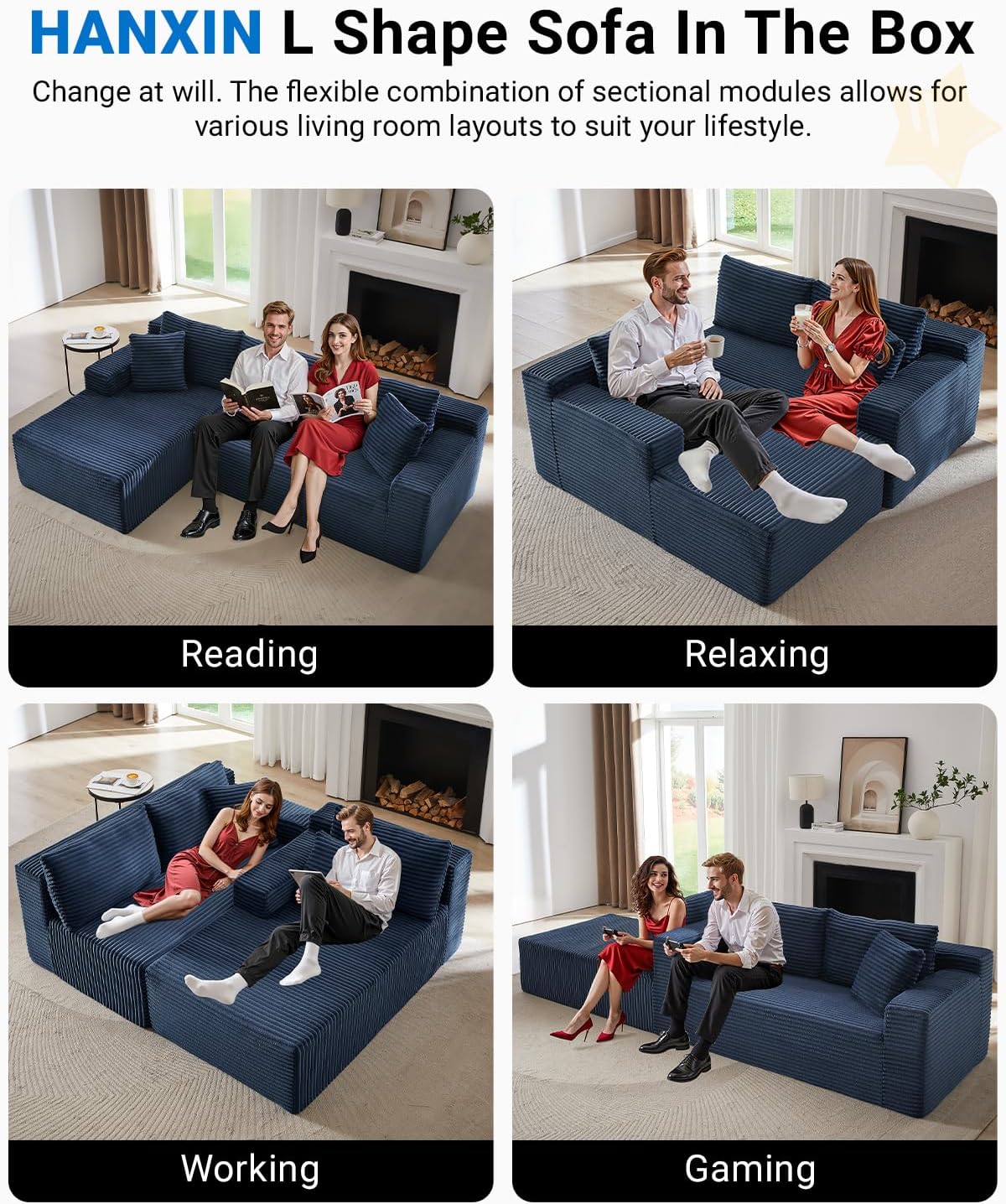 HANXIN Cloud Sectional Sofa L Shape Chaise Deep Seat Modular Living Room Couch