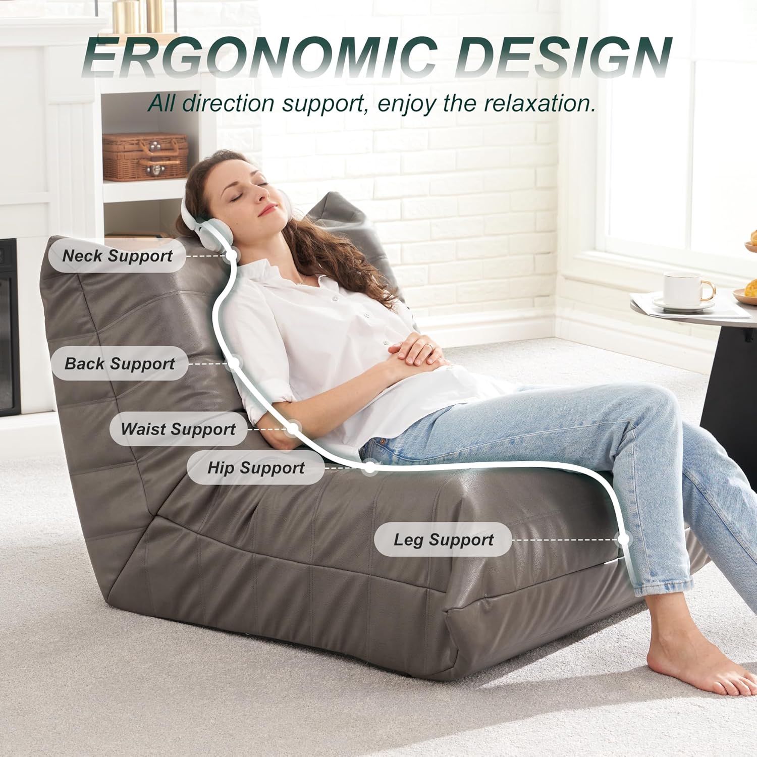 Hobestluk Giant Bean Bag Chair Memory Foam Faux Leather Floor Sofa for Adults