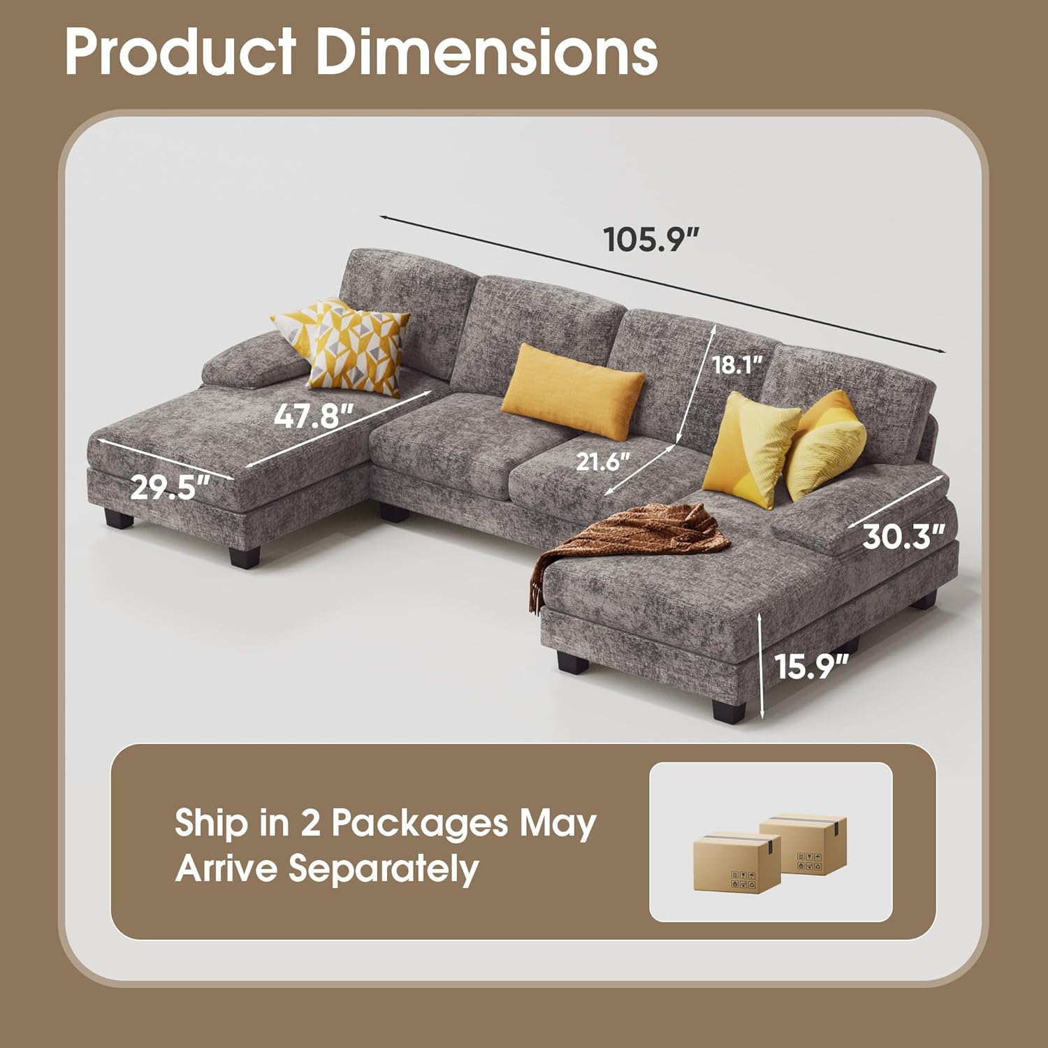 Furmax U-Shaped Sectional Sofa Couch 4 Seat Linen Fabric Double Chaise