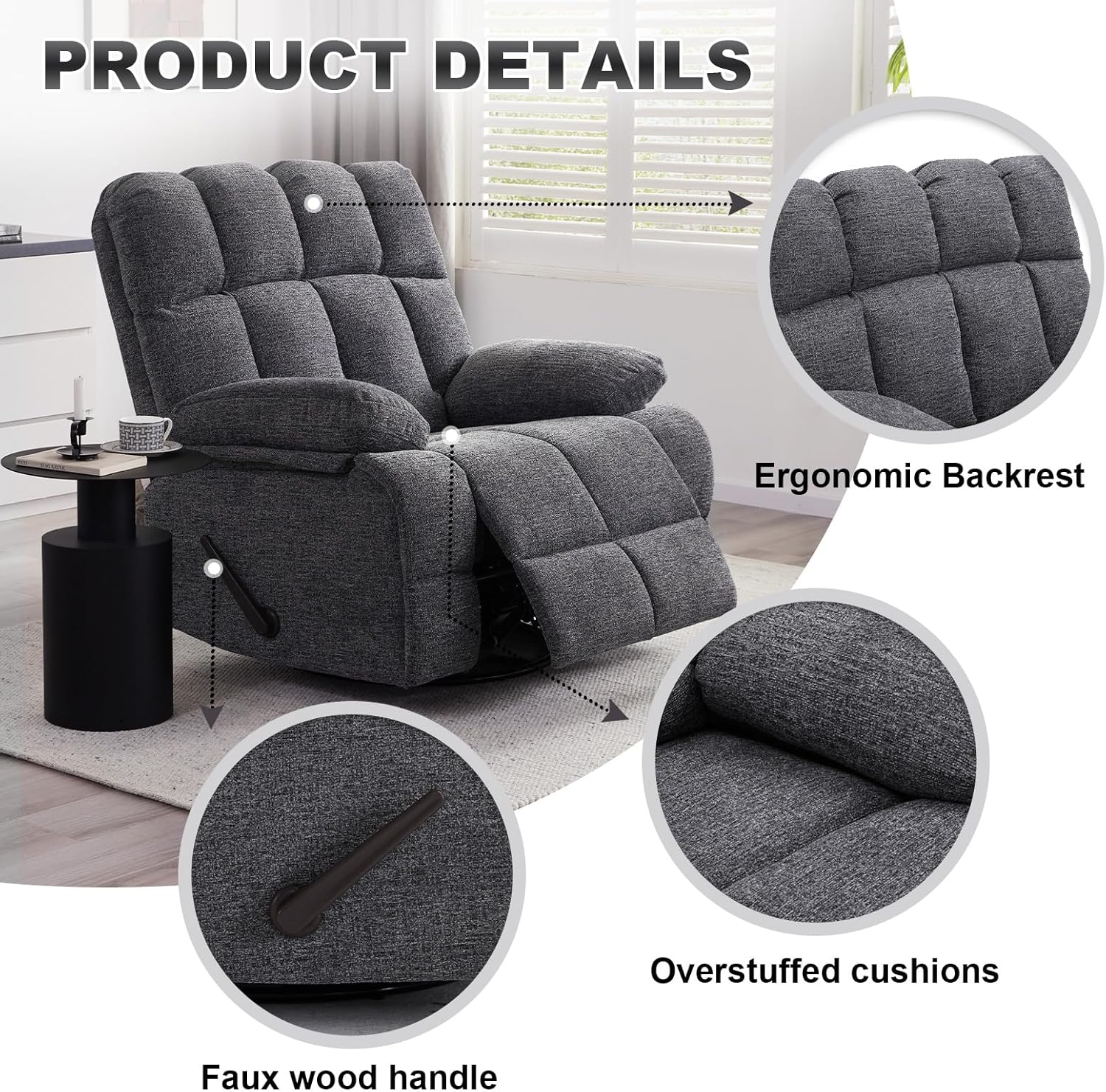 Eiayeebil Oversized Swivel Rocker Recliner Chair Extra Wide Manual Recliner