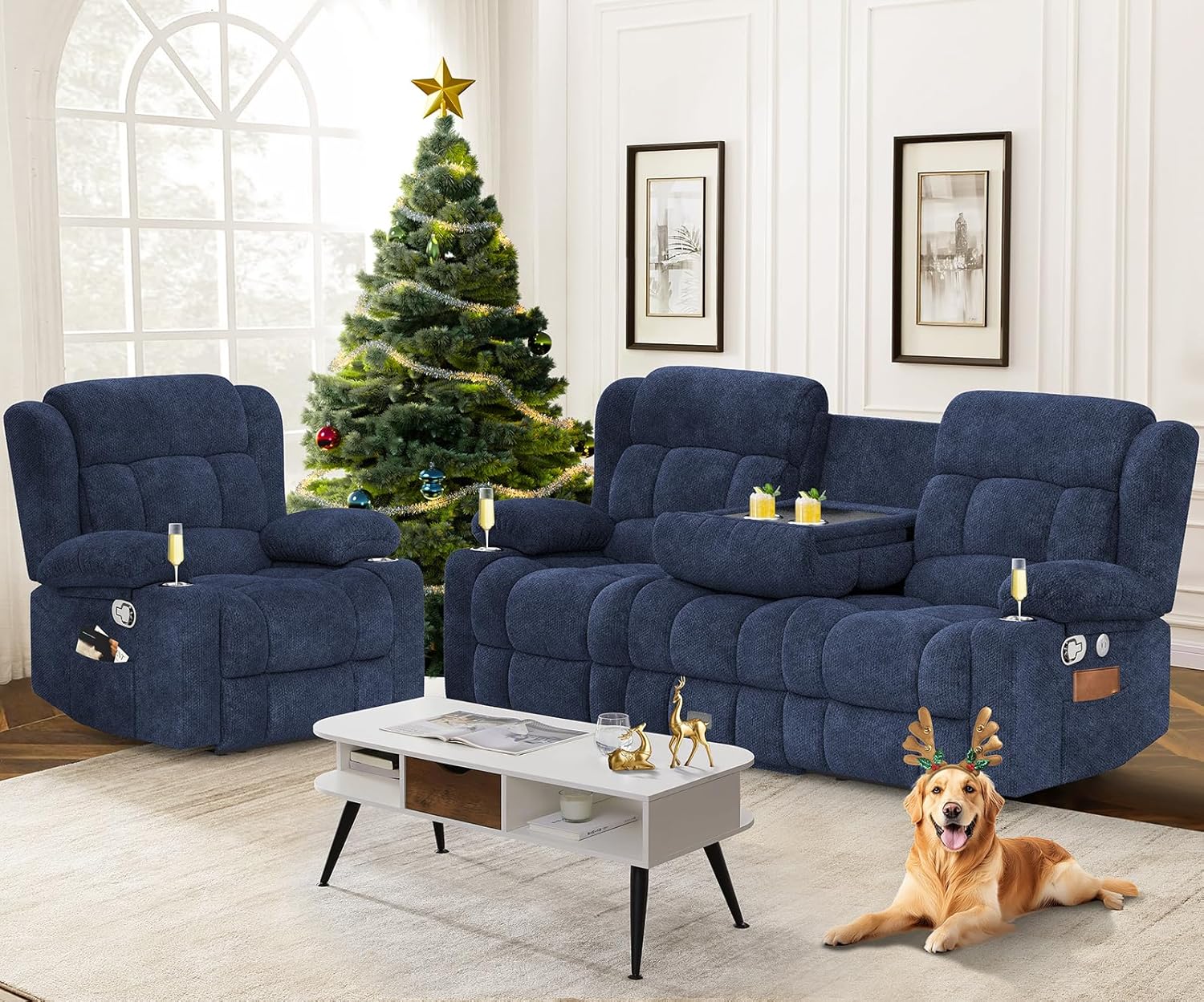 Dresegmt Loveseat Recliner Sofa 3 Seat Flip Backrest with Storage USB Cup Holders