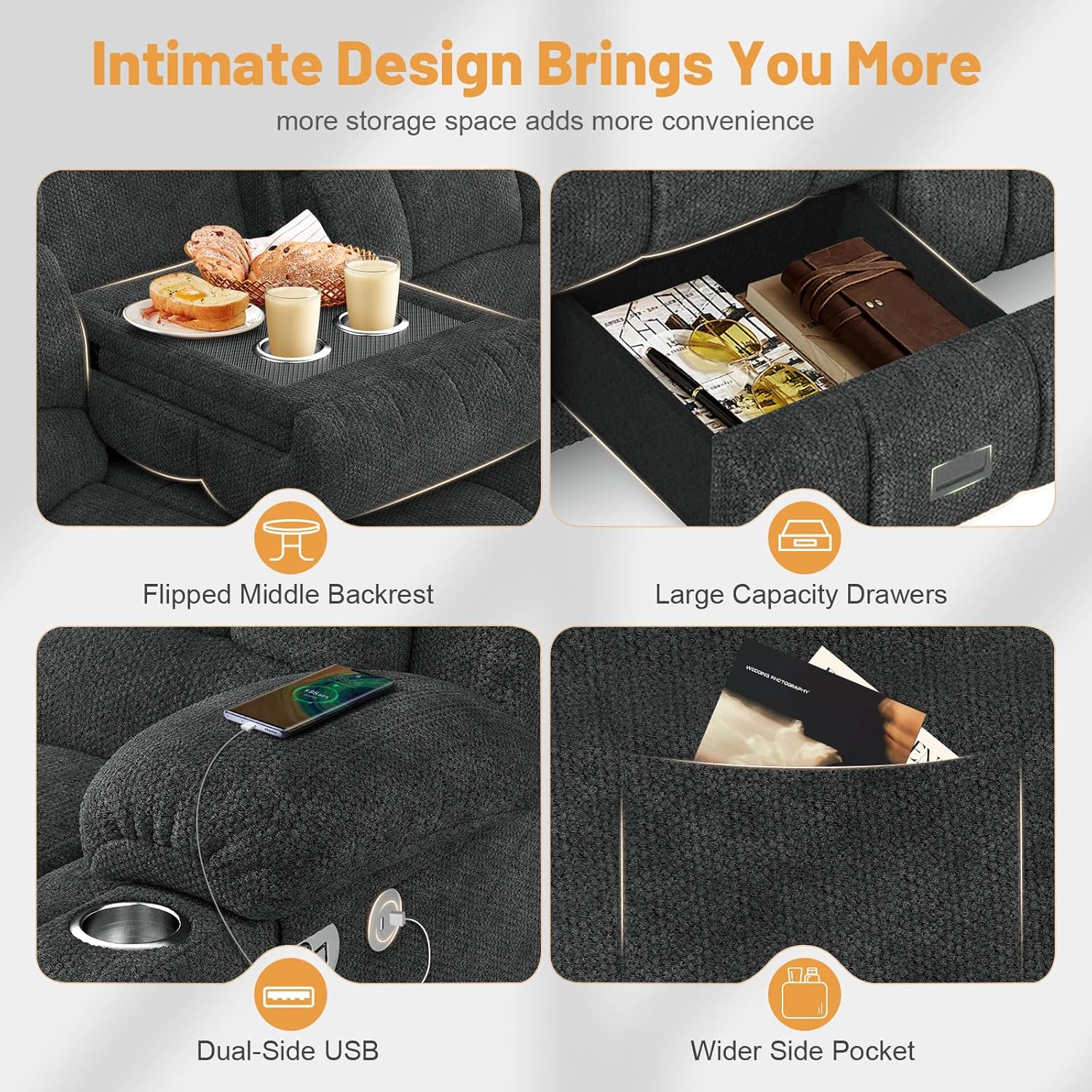 Dresegmt Loveseat Recliner Sofa 3 Seat Flip Backrest with Storage USB Cup Holders