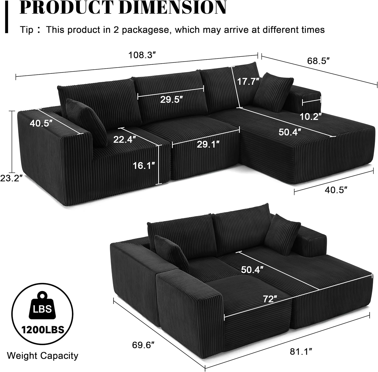 Weture 108" Modular Sectional Sofa Deep Seat Cloud L-Shape Couch with Chaise