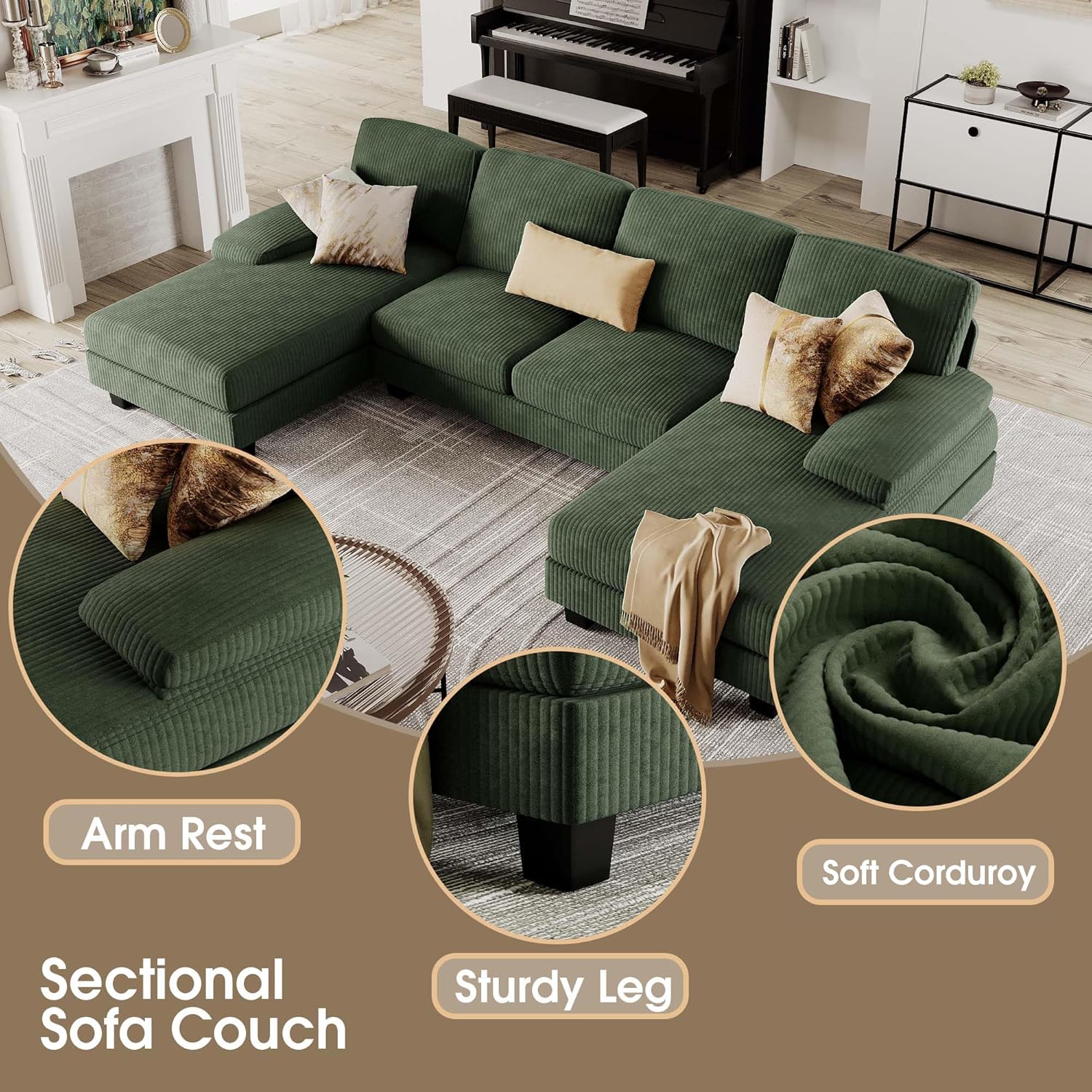 Furmax U-Shaped Sectional Sofa Couch 4 Seat Linen Fabric Double Chaise