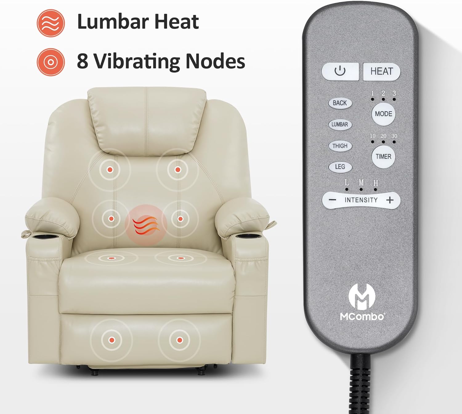 MCombo Electric Power Lift Recliner Massage Heat Chair for Elderly 3 Positions 2 Pockets USB