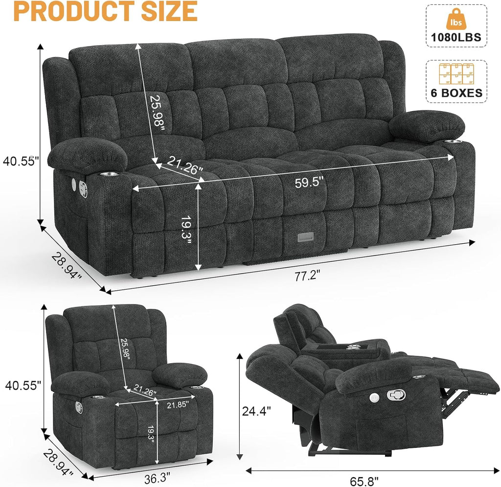 Dresegmt Loveseat Recliner Sofa 3 Seat Flip Backrest with Storage USB Cup Holders