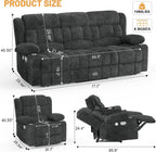 Dresegmt Loveseat Recliner Sofa 3 Seat Flip Backrest with Storage USB Cup Holders
