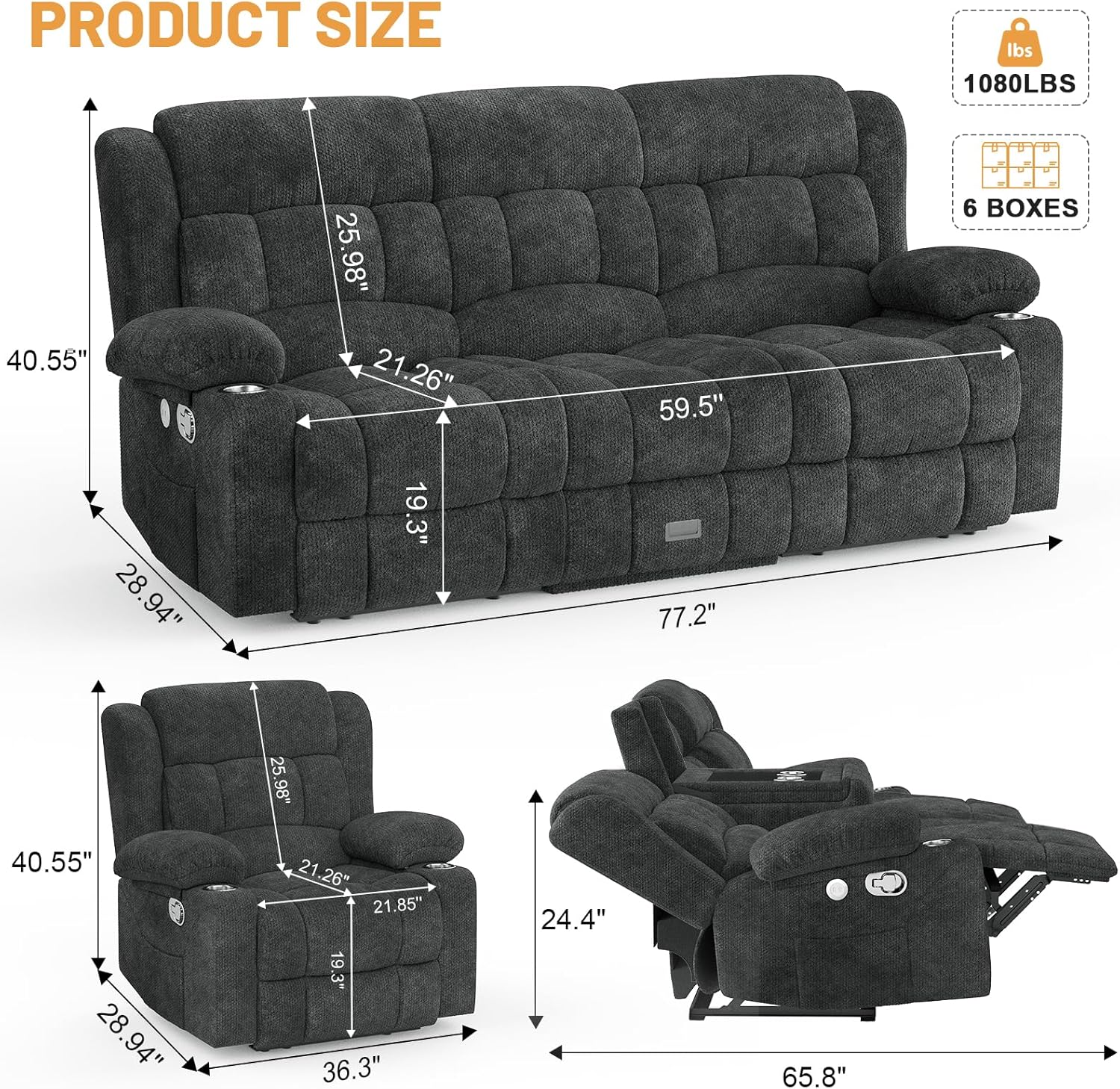 Dresegmt Loveseat Recliner Sofa 3 Seat Flip Backrest with Storage USB Cup Holders