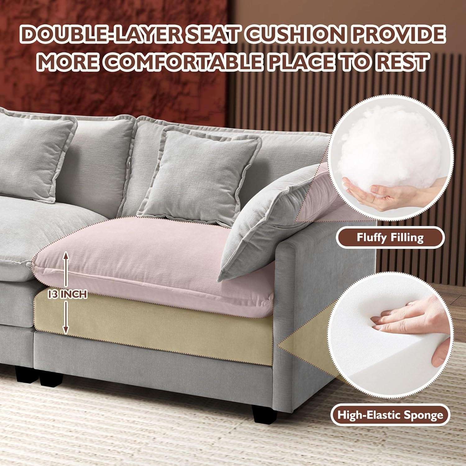 Ihanherry U Shaped Modular Cloud Sofa 5 Seat Chenille Sectional with Ottoman
