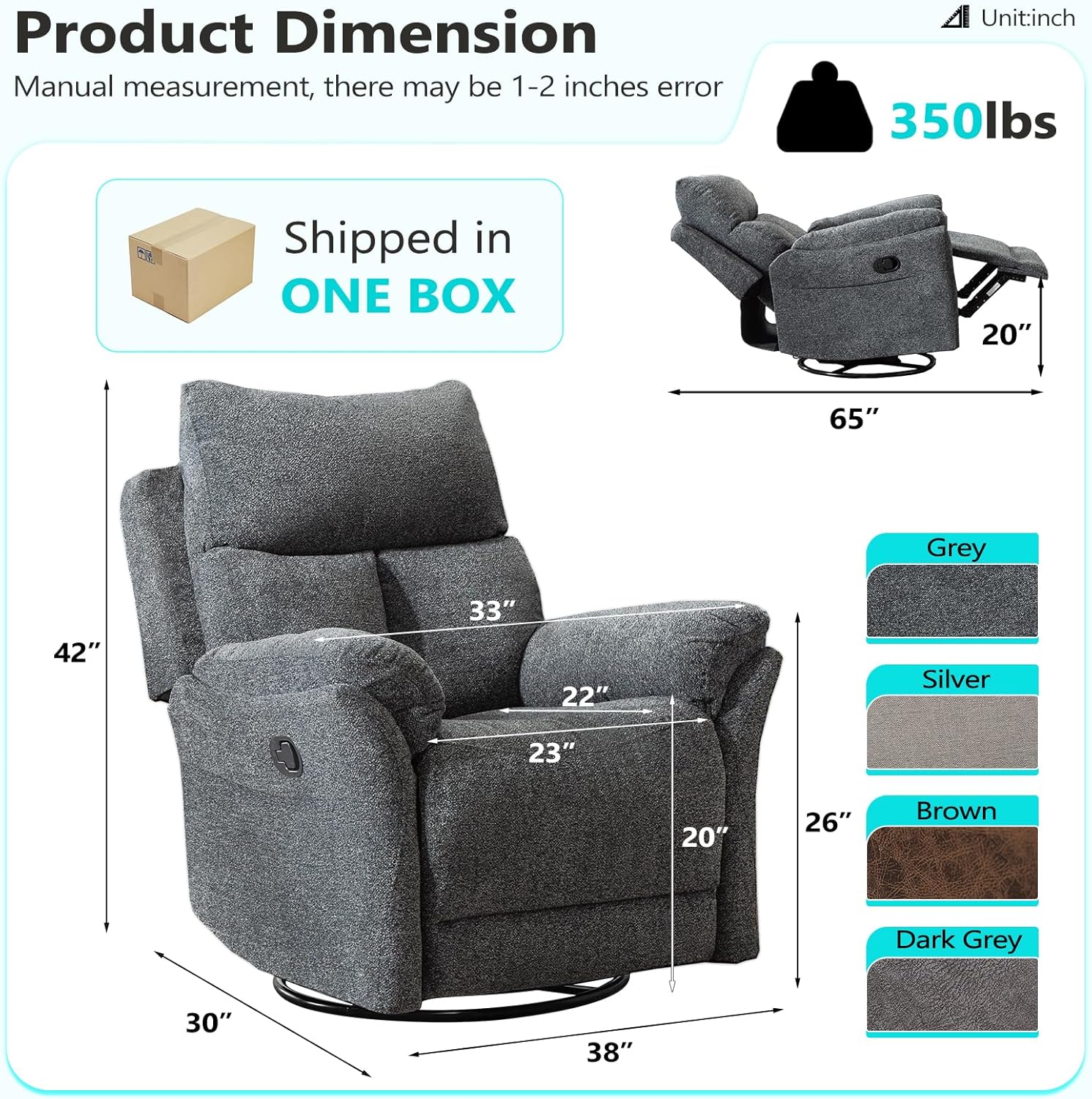 ANJ Swivel Rocker Recliner Chair Manual Fabric Small Space
