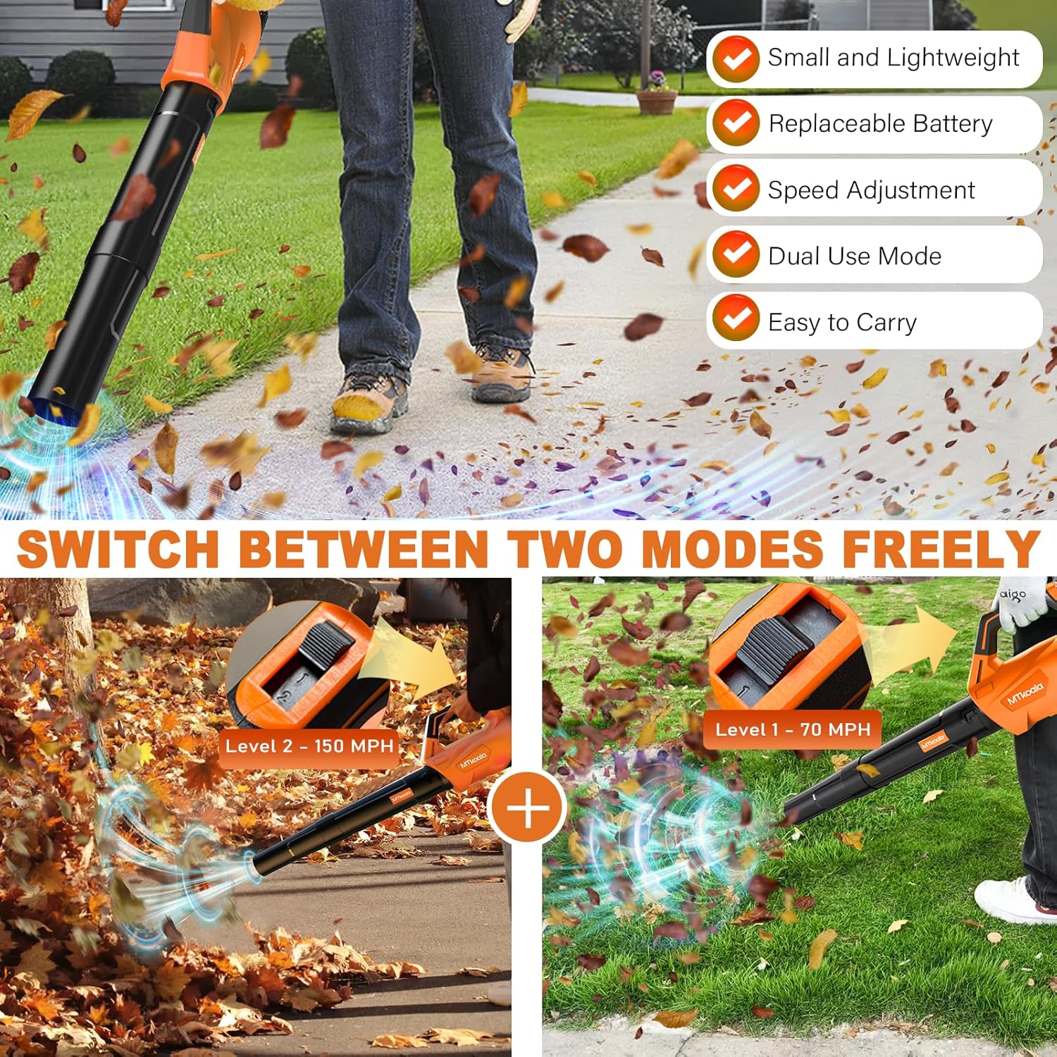 MTKOALA Cordless Leaf Blower 2 Batteries Fast Charger 450CFM 150MPH Lightweight