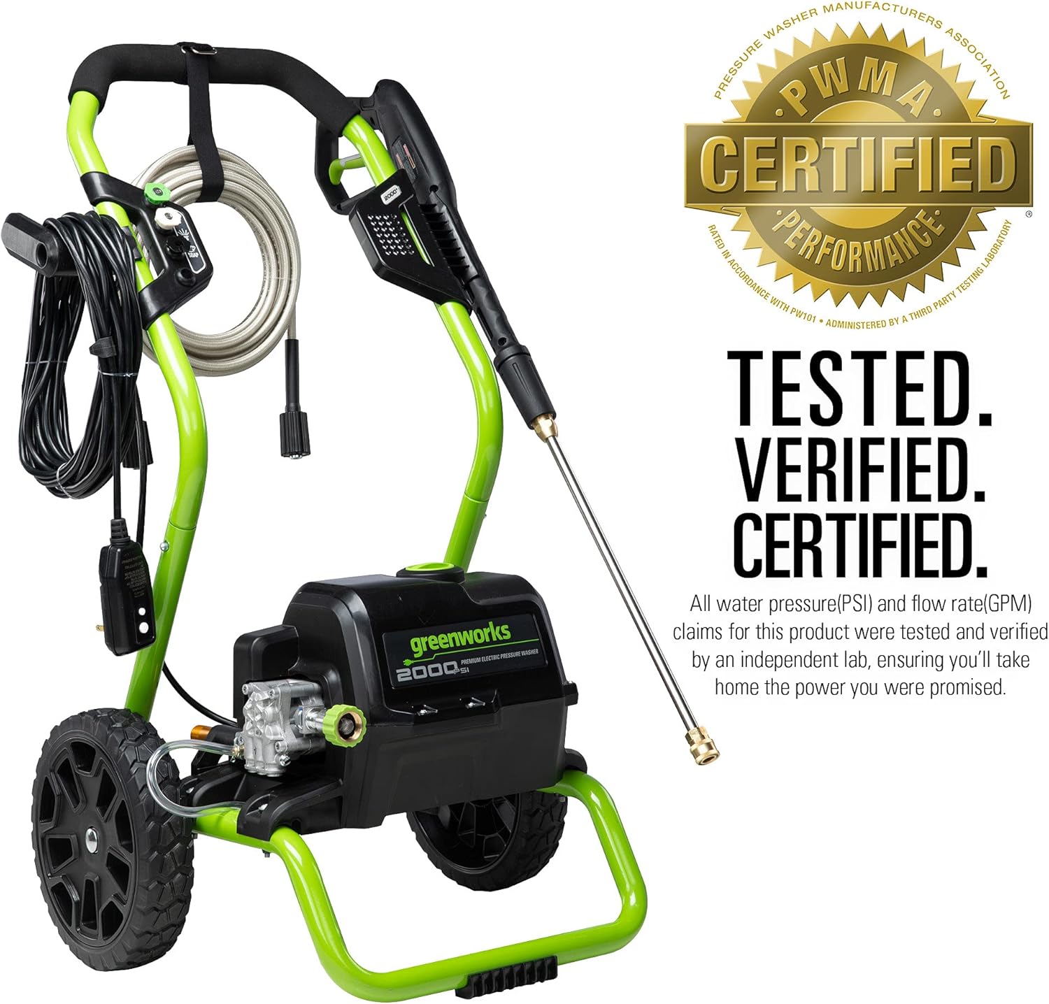 Greenworks 2000 PSI Electric Pressure Washer 13 Amp with Wheels 20 FT Hose 35 FT Cord