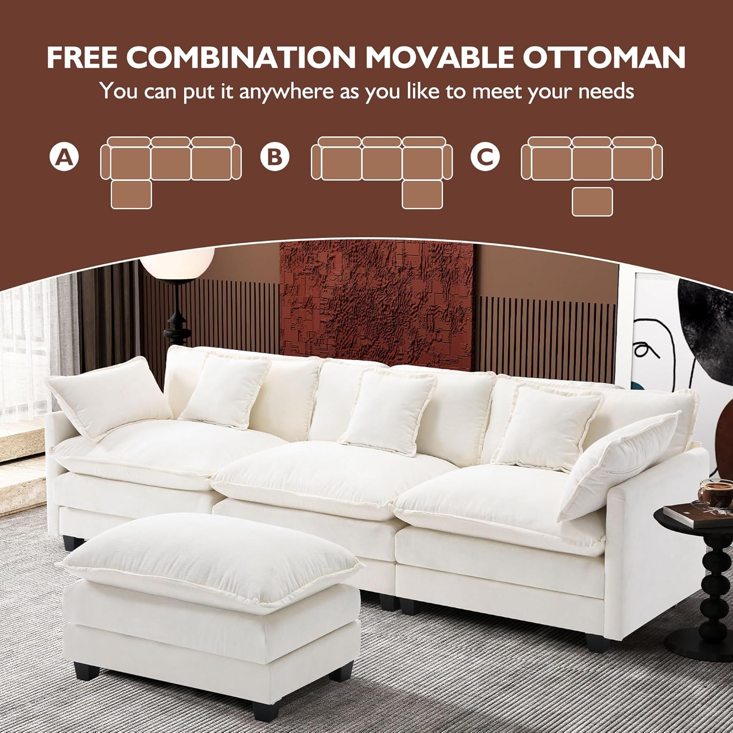 Ihanherry U Shaped Modular Cloud Sofa 5 Seat Chenille Sectional with Ottoman