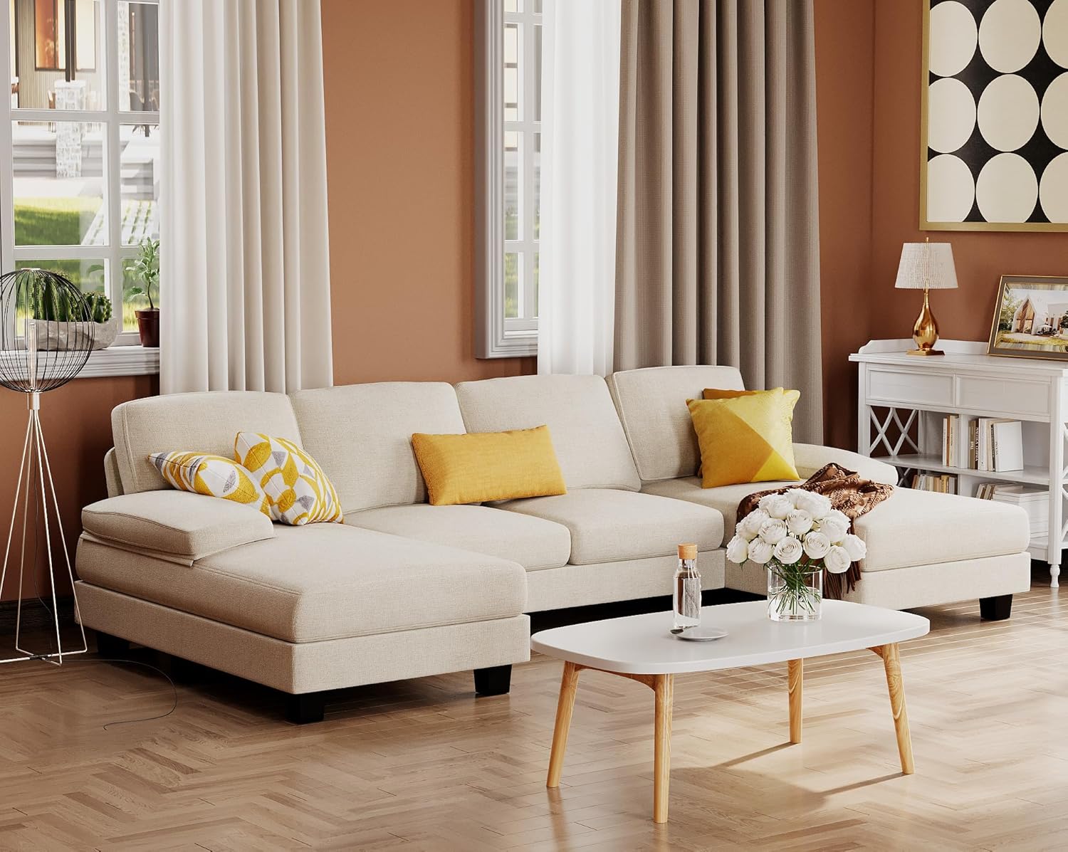Furmax U-Shaped Sectional Sofa Couch 4 Seat Linen Fabric Double Chaise