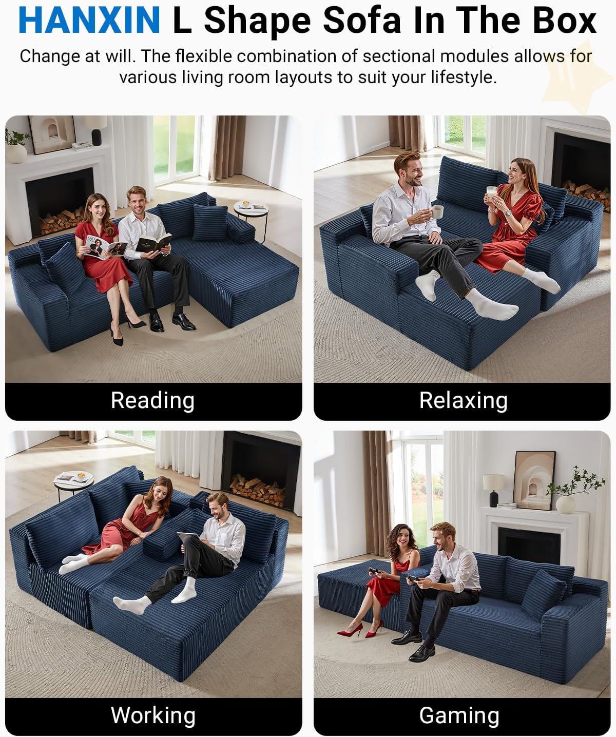 HANXIN Cloud Sectional Sofa L Shape Chaise Deep Seat Modular Living Room Couch