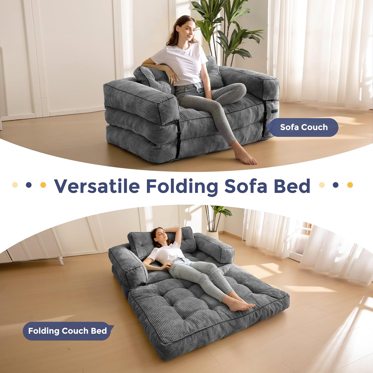MAXYOYO L Shaped Folding Sofa Bed Convertible Sleeper with Pillow Armrest