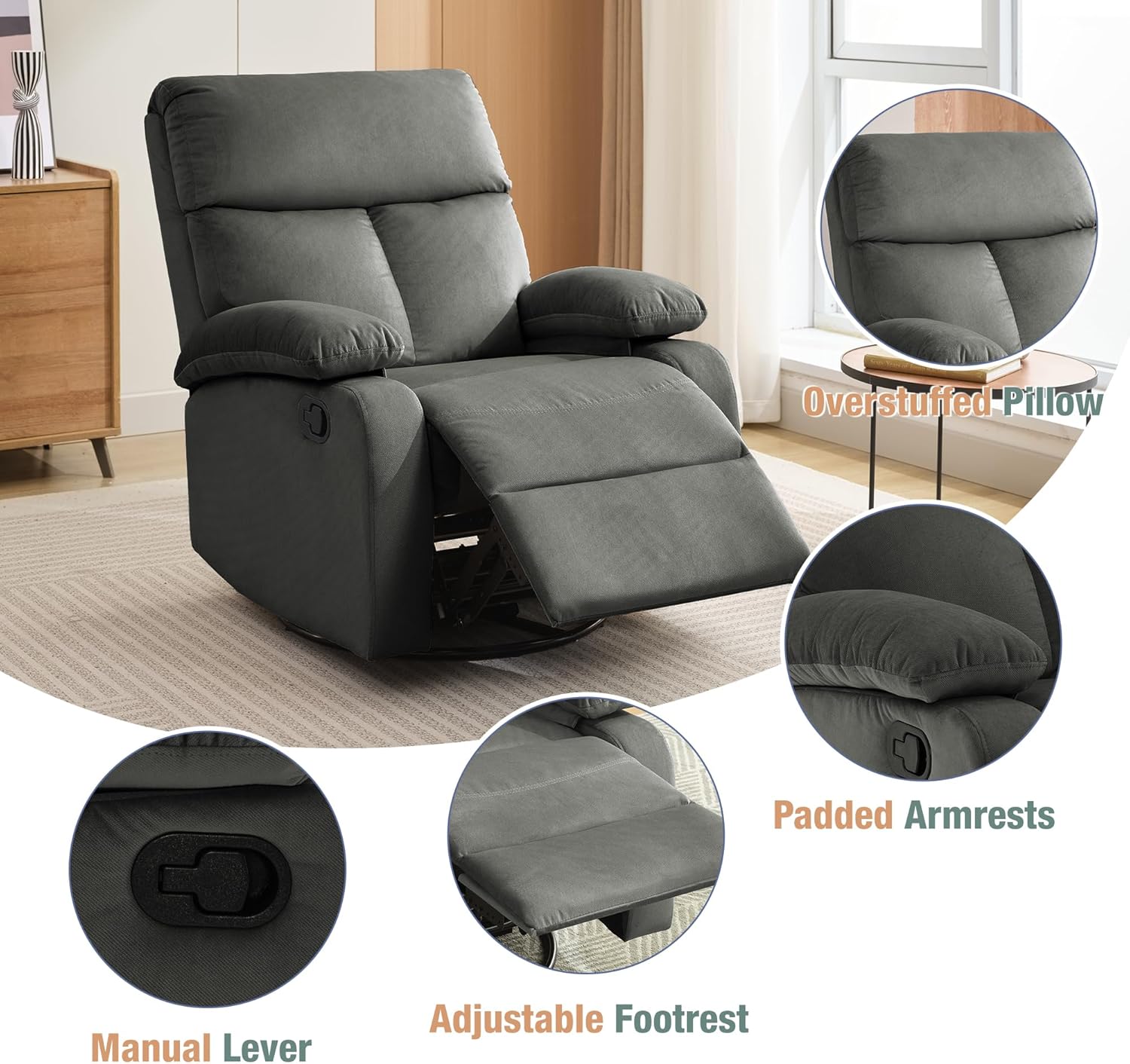 hzlagm Swivel Rocker Recliner Chair Small Space Rocking Recliner