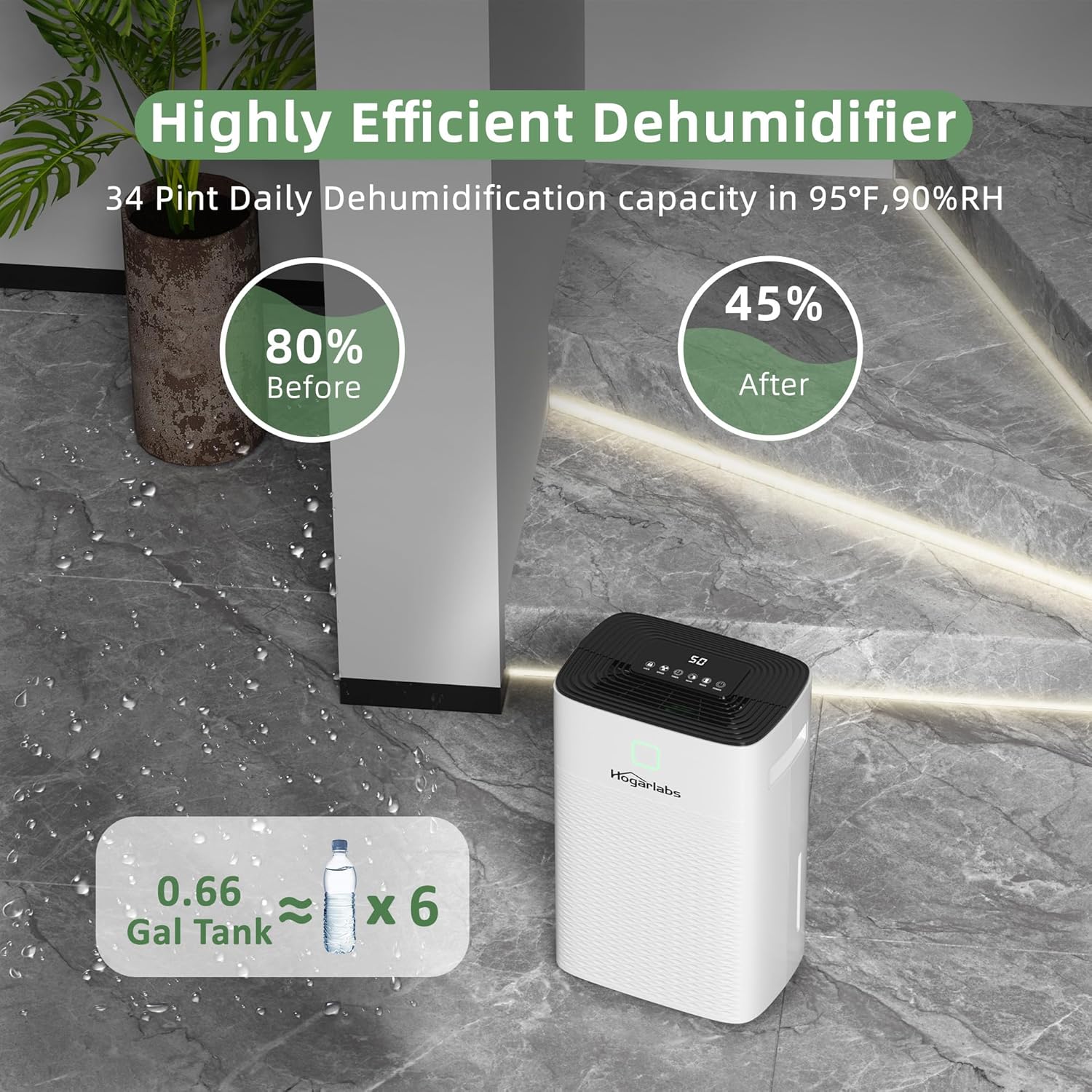HOGARLABS 34 Pint Dehumidifier for Home Basement Ultra Silent Auto Shut Off Humidity Control