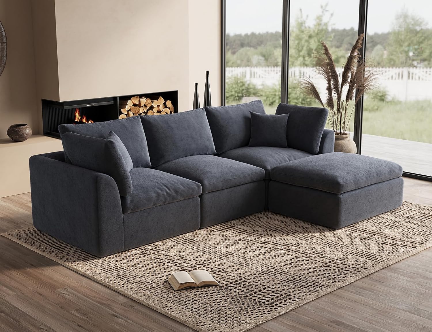 ohllob 110" Cloud Sectional Sofa L Shape Modular Couch with Ottoman 3 Seater