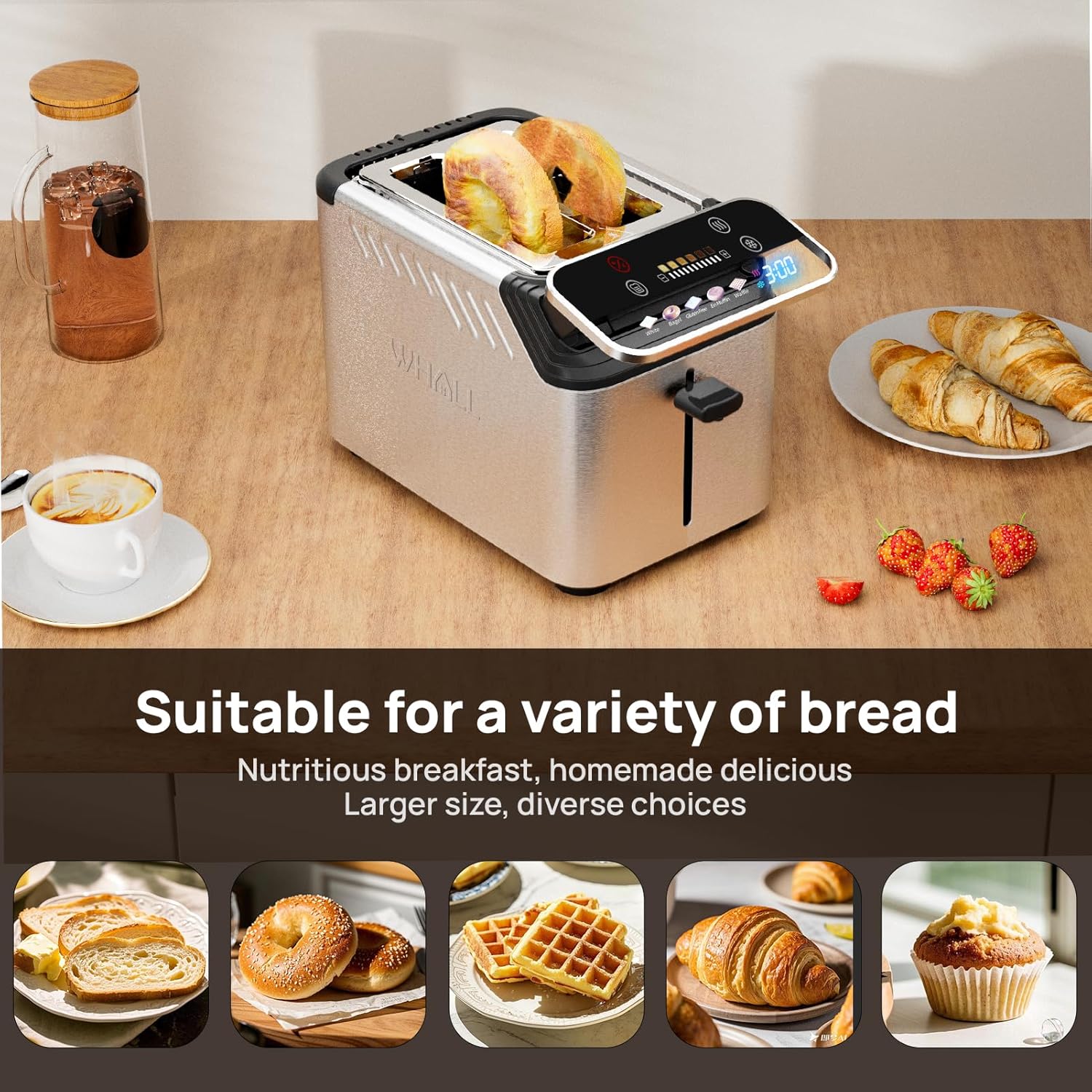 whall Digital Touch Screen Toaster 4 Slice Stainless Steel Dual Control Wide Slots