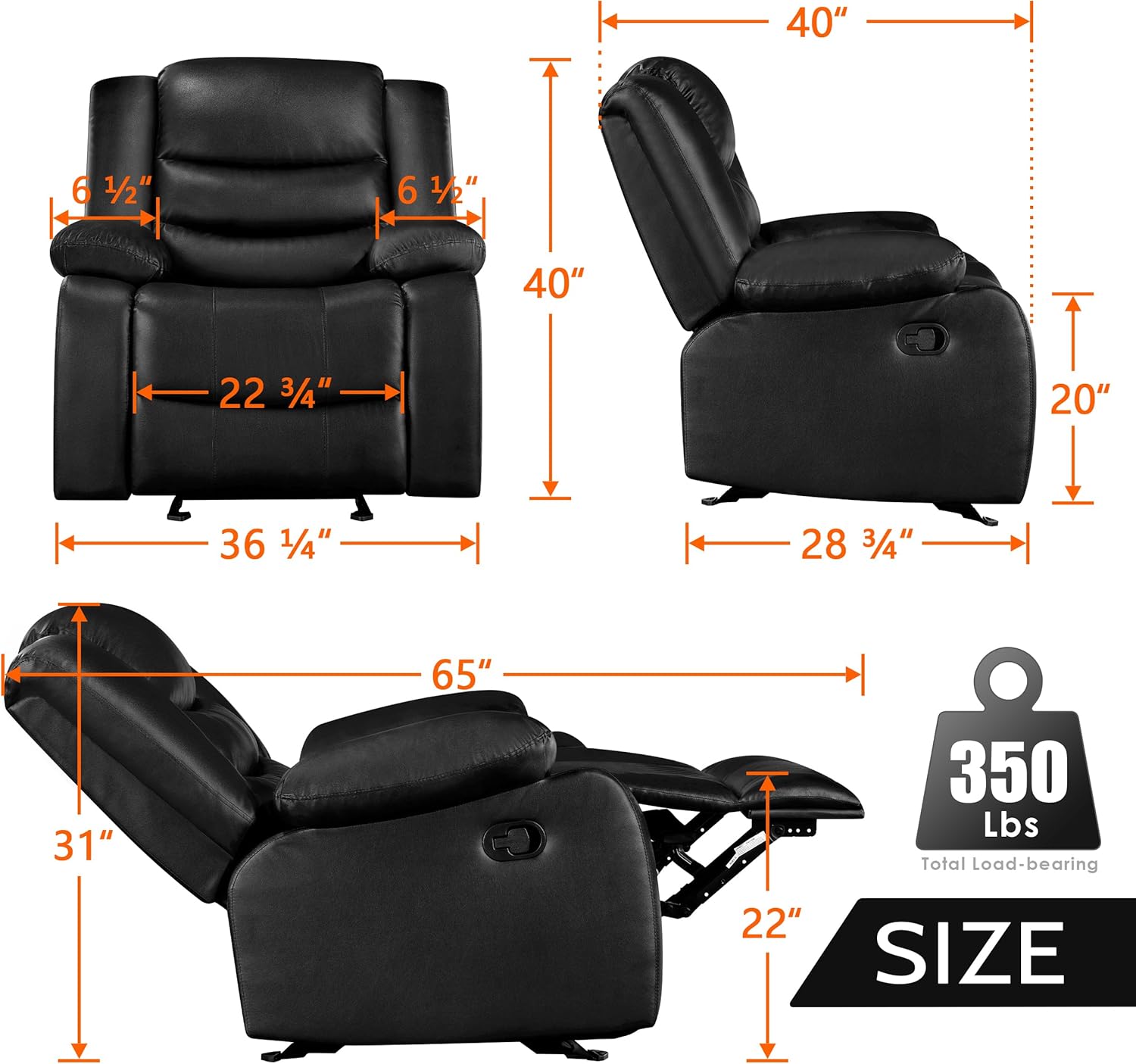 PrimeZone Oversized Rocker Recliner Chair Faux Leather Manual Reclining Brown