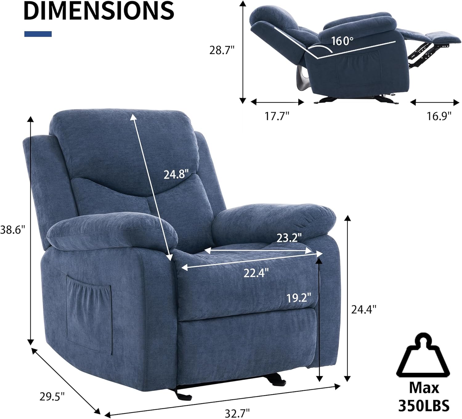 Sftaiyou Manual Rocker Recliner Chair Massage Fabric Overstuffed Soft Recliner