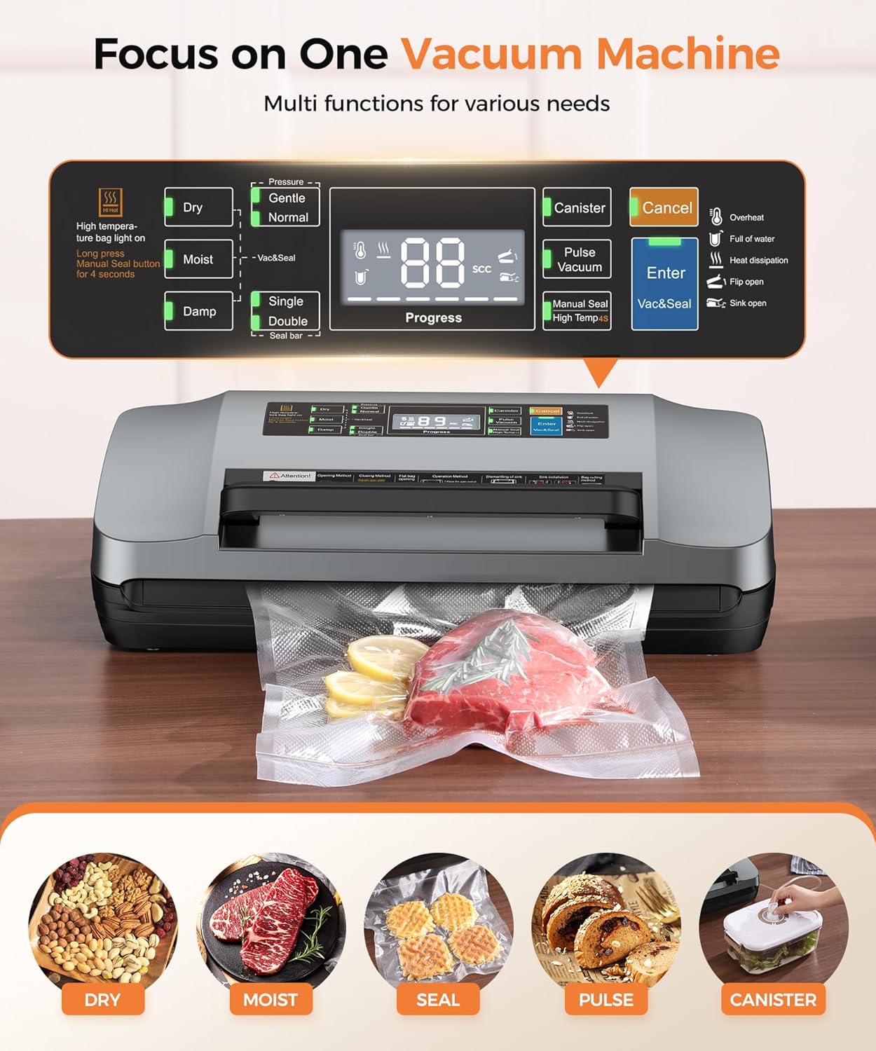 QIQIAOB Vacuum Sealer Machine 95kpa Commercial Automatic Food Saver with Cutter