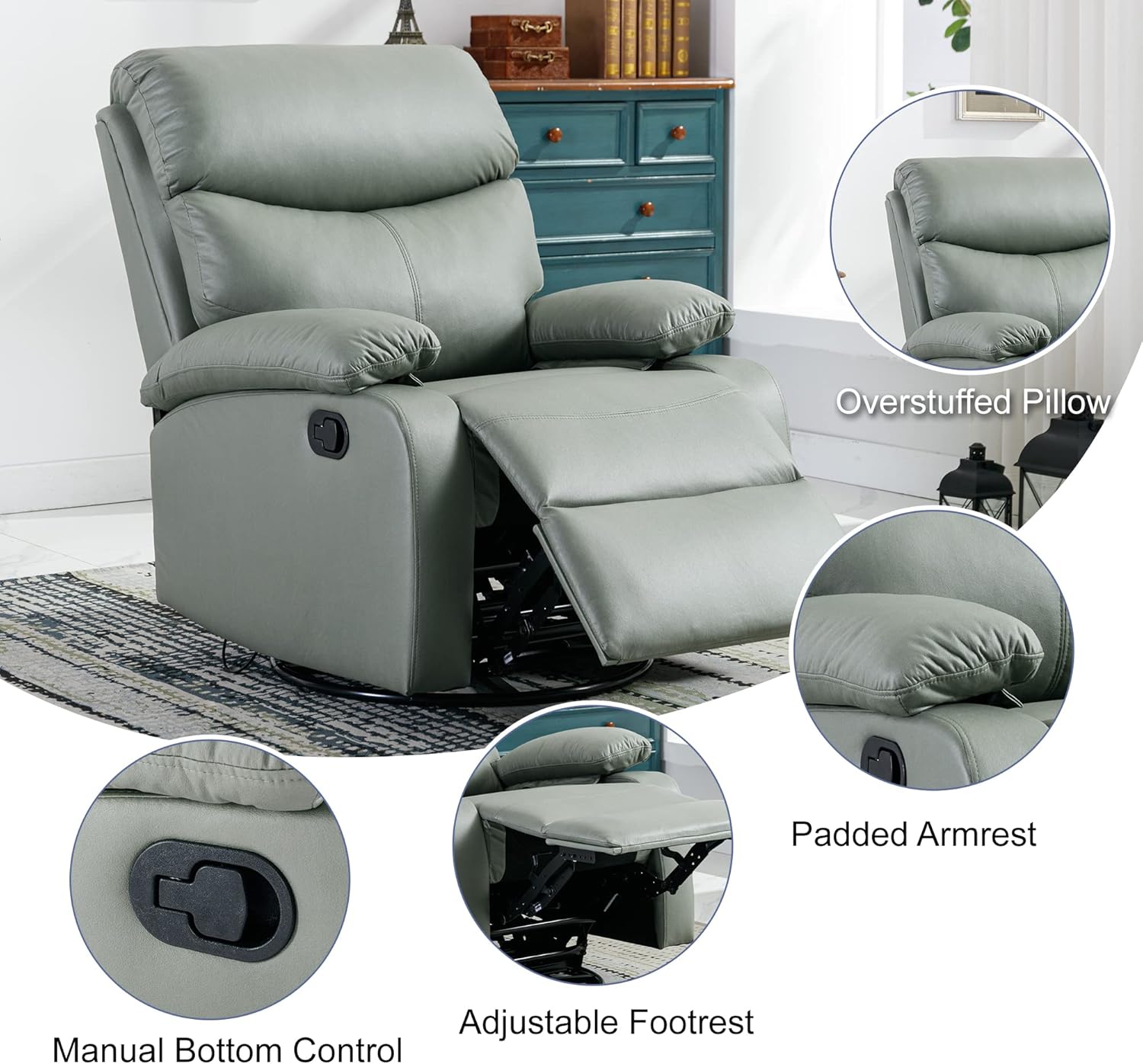GNMLP2020 Swivel Rocker Recliner Chair Manual Small Space Nursery Living Room