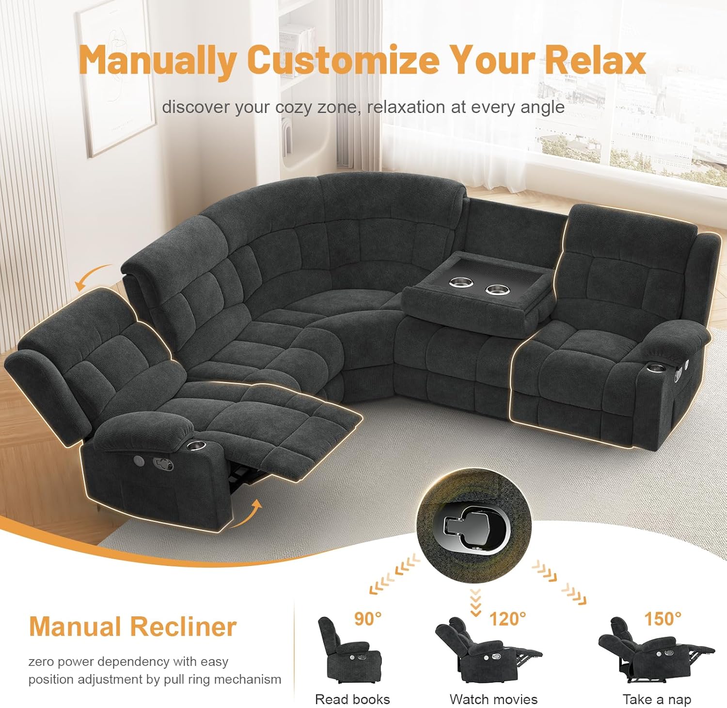 Dresegmt Loveseat Recliner Sofa 3 Seat Flip Backrest with Storage USB Cup Holders