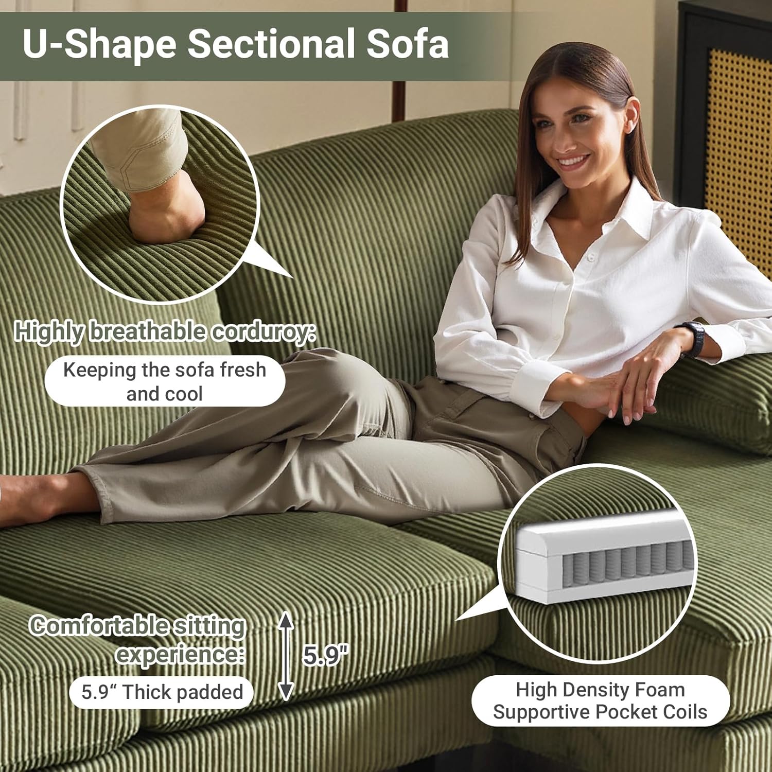 VINGLI 110 Sectional Couch U Shaped Sofa Set with Double Chaise Chenille Fabric