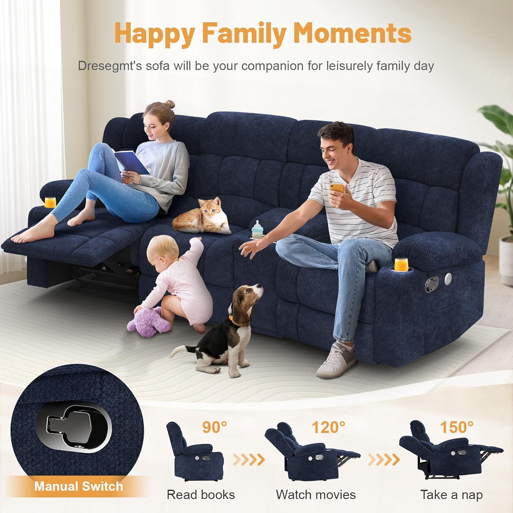 Dresegmt Loveseat Recliner Sofa 3 Seat Flip Backrest with Storage USB Cup Holders