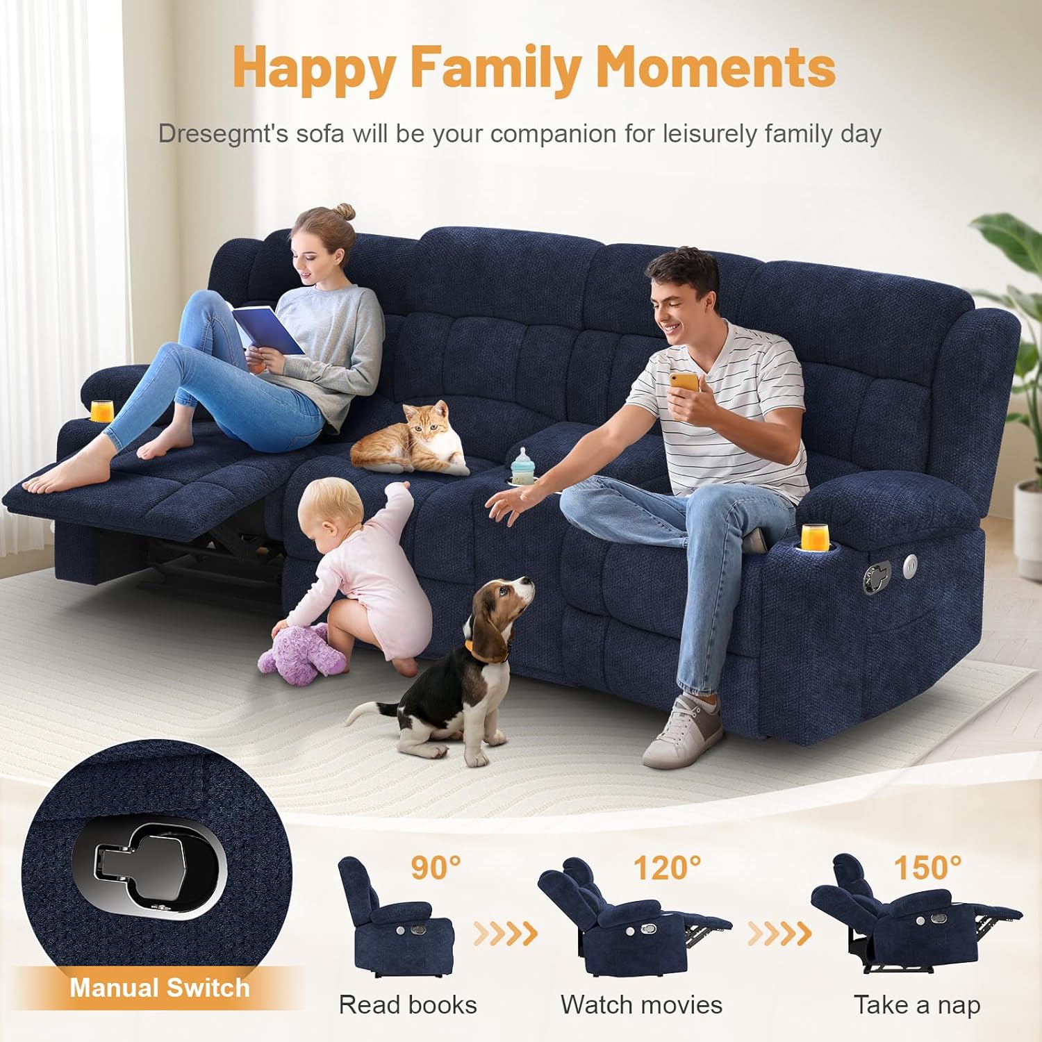 Dresegmt Loveseat Recliner Sofa 3 Seat Flip Backrest with Storage USB Cup Holders
