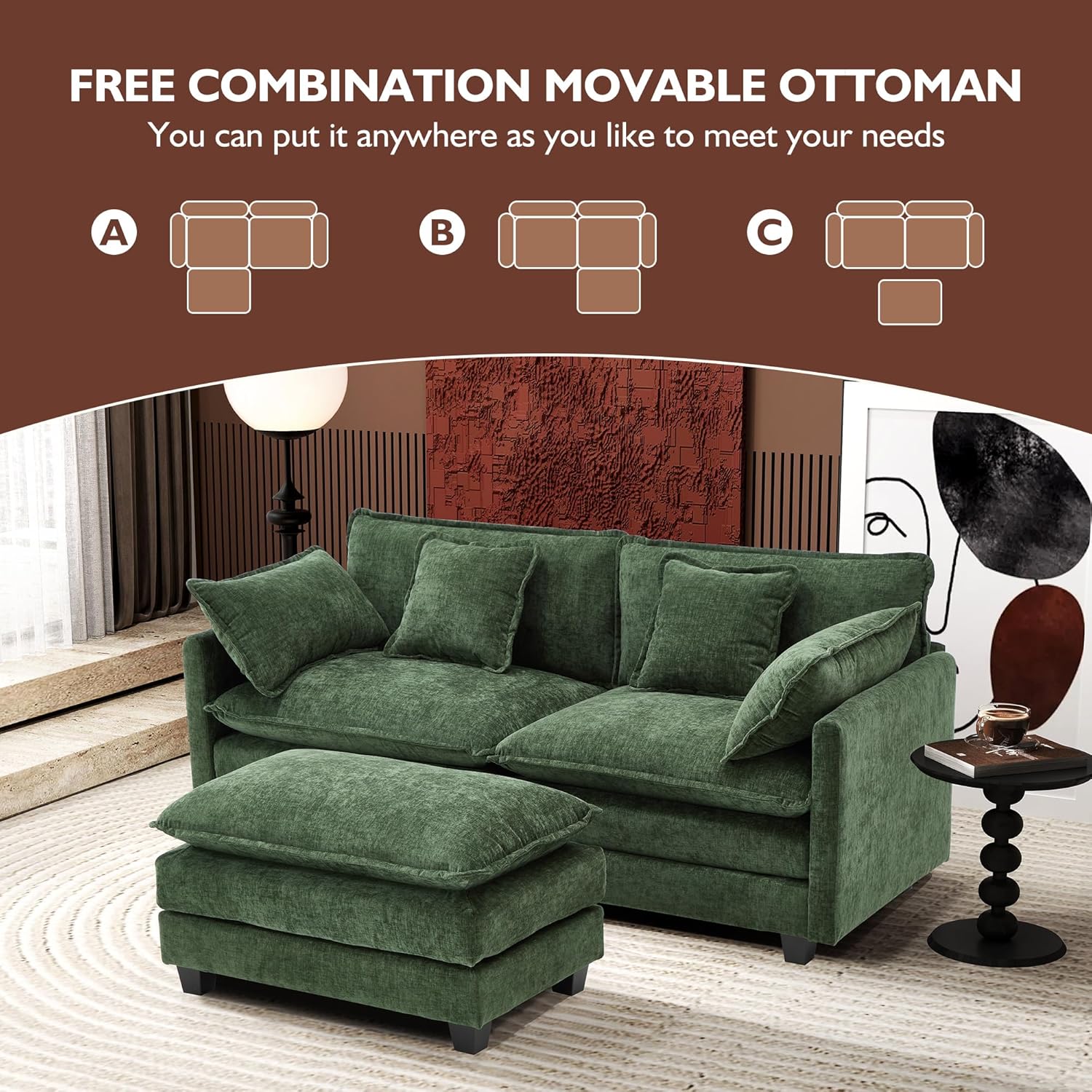 Ihanherry U Shaped Modular Cloud Sofa 5 Seat Chenille Sectional with Ottoman