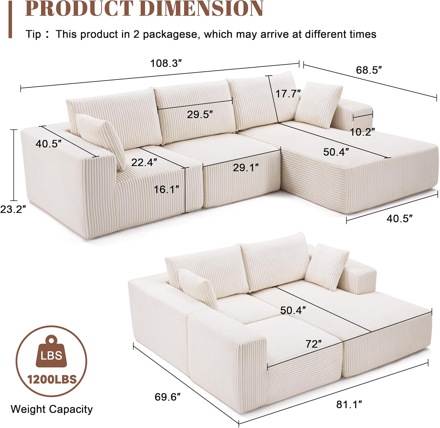 Weture 108" Modular Sectional Sofa Deep Seat Cloud L-Shape Couch with Chaise
