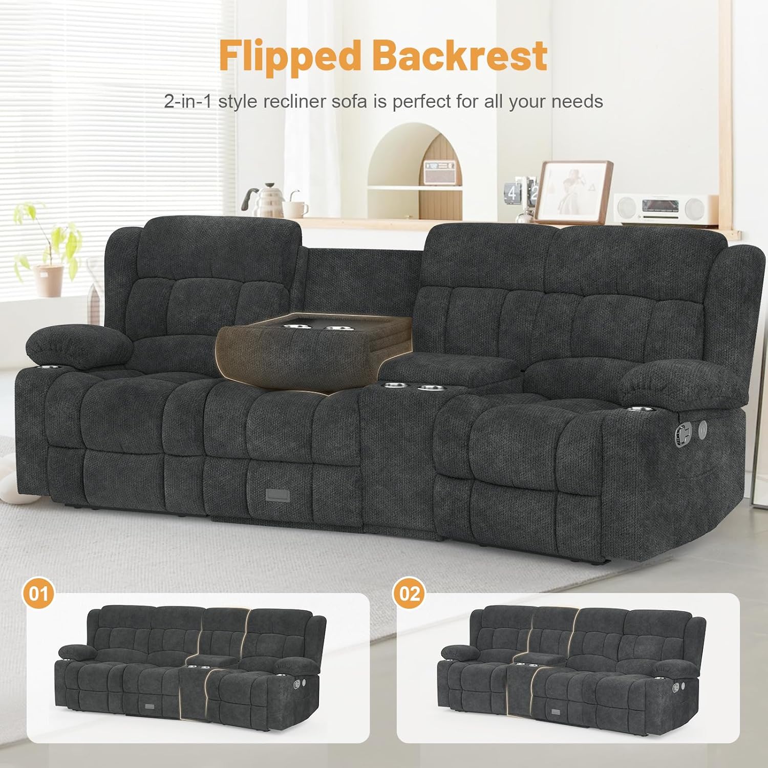 Dresegmt Loveseat Recliner Sofa 3 Seat Flip Backrest with Storage USB Cup Holders