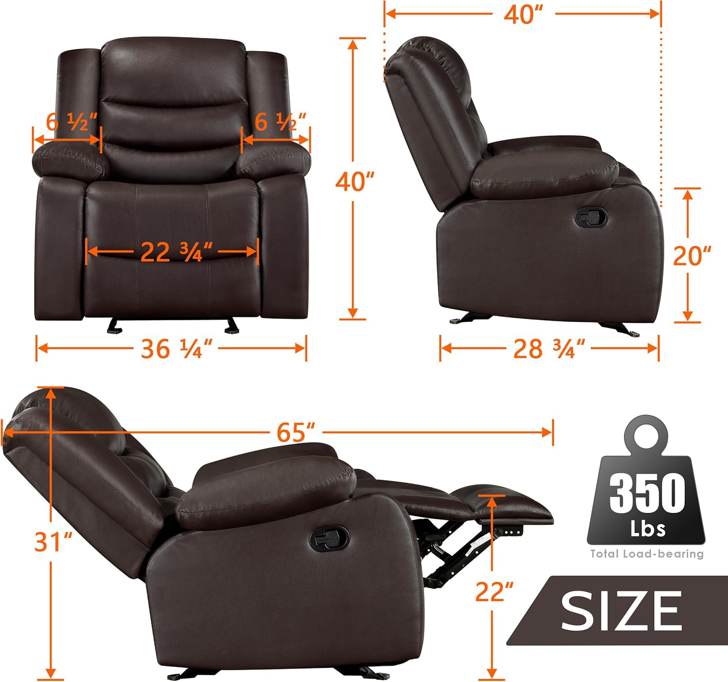 PrimeZone Oversized Rocker Recliner Chair Faux Leather Manual Reclining Brown