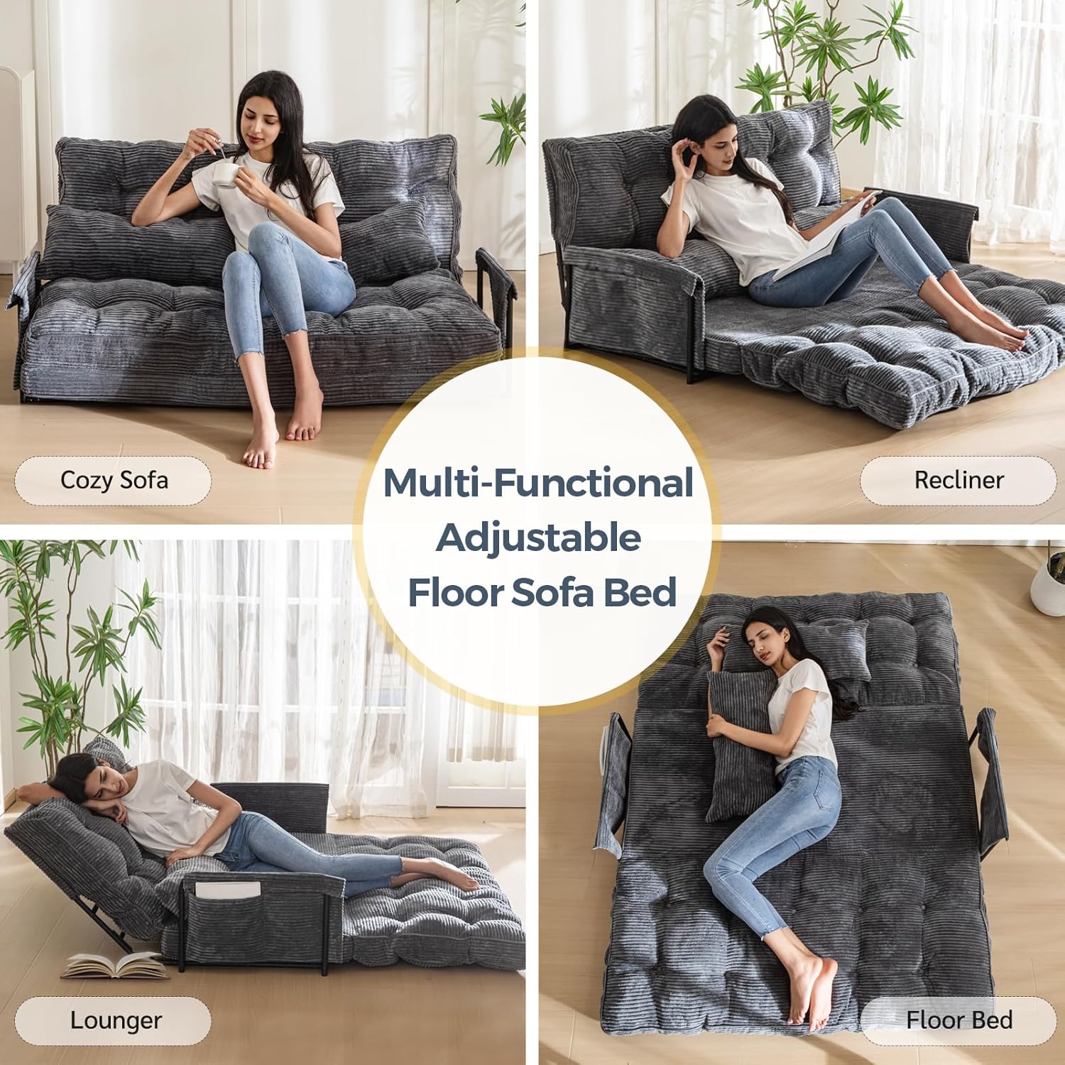 MAXYOYO Adjustable Floor Sofa Bed with Armrest Double Black Foldable Sleeper