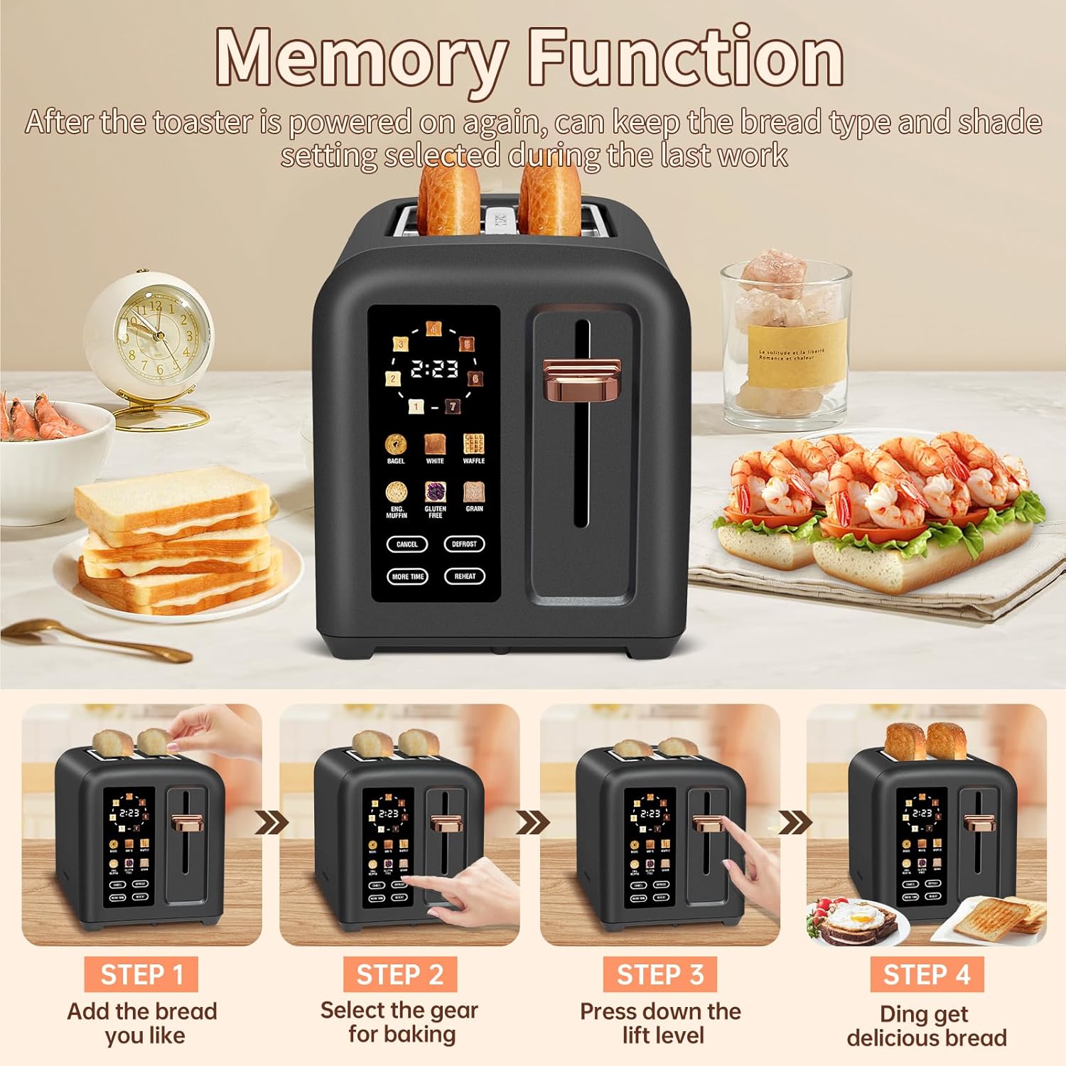 SEEDEEM 4 Slice Touch Screen Toaster LCD Display 7 Shade Settings Wide Slots 1800W