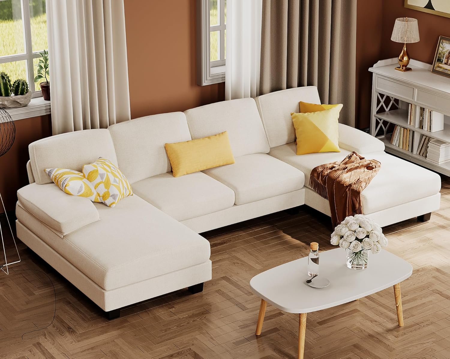 Furmax U-Shaped Sectional Sofa Couch 4 Seat Linen Fabric Double Chaise